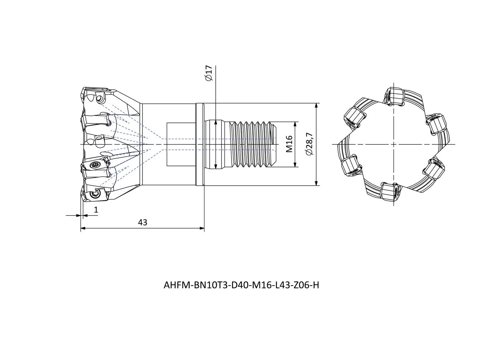 AHFM-BN10T3-D40-M16-L43-Z06-H &mdash; dimensioned drawing