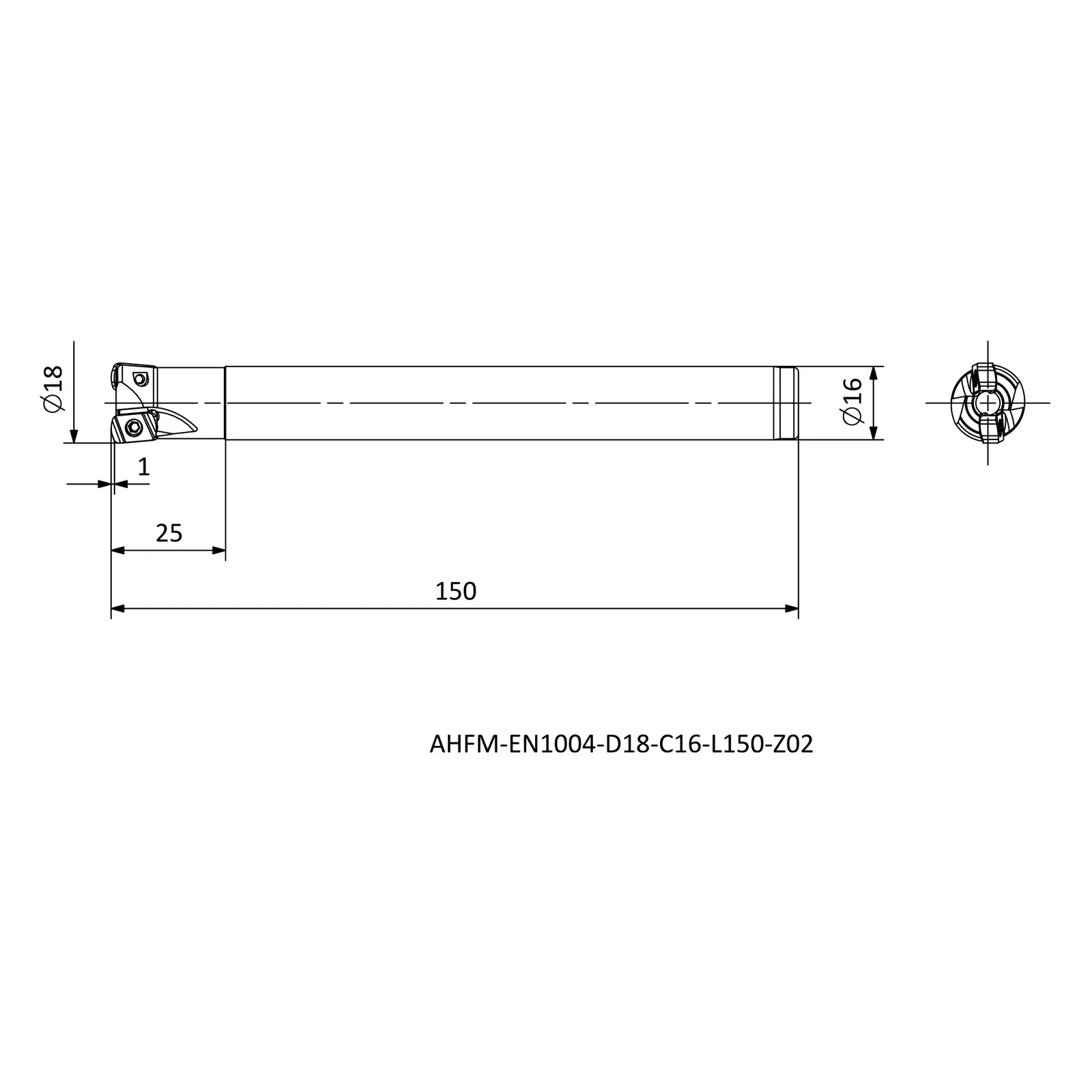 AHFM-EN1004-D18-C16-L150-Z02 &mdash; dimensioned drawing