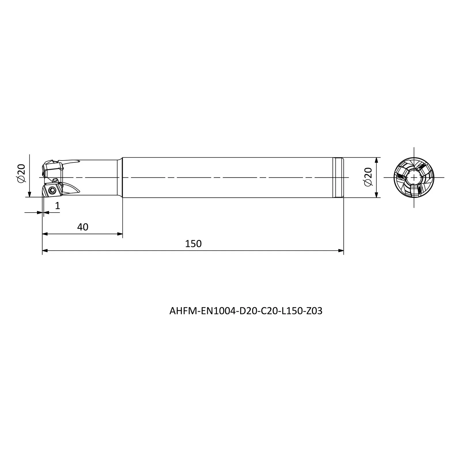 AHFM-EN1004-D20-C20-L150-Z03 &mdash; dimensioned drawing