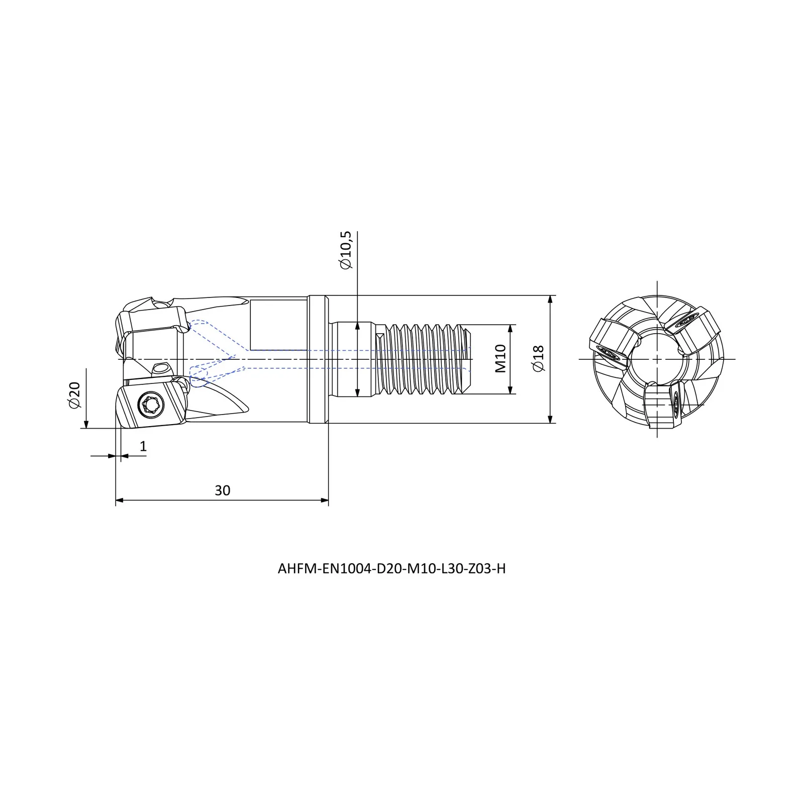 AHFM-EN1004-D20-M10-L30-Z03-H &mdash; dimensioned drawing