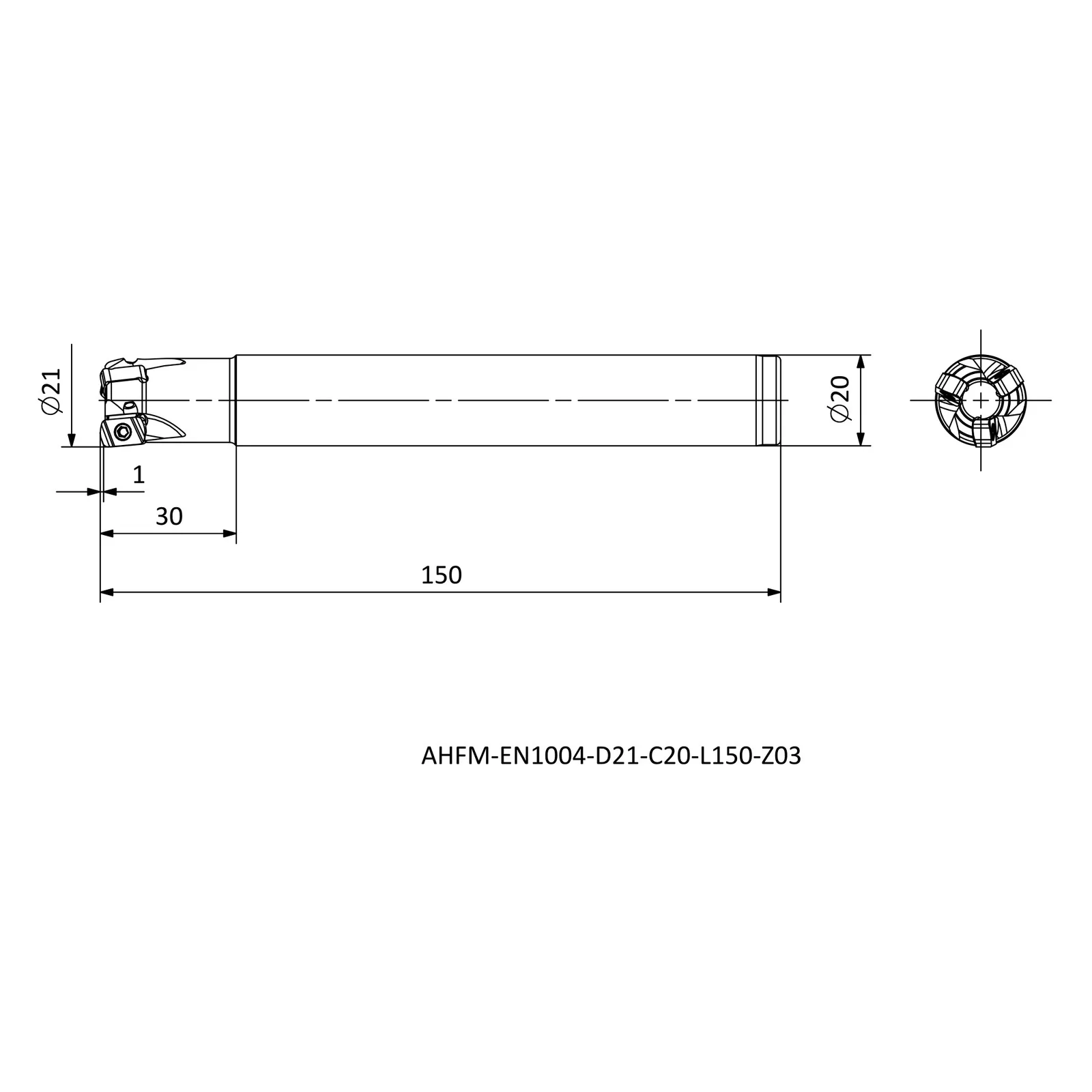 AHFM-EN1004-D21-C20-L150-Z03 &mdash; dimensioned drawing