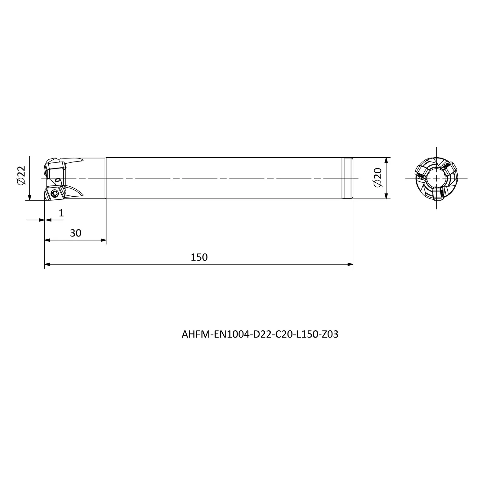 AHFM-EN1004-D22-C20-L150-Z03 &mdash; dimensioned drawing