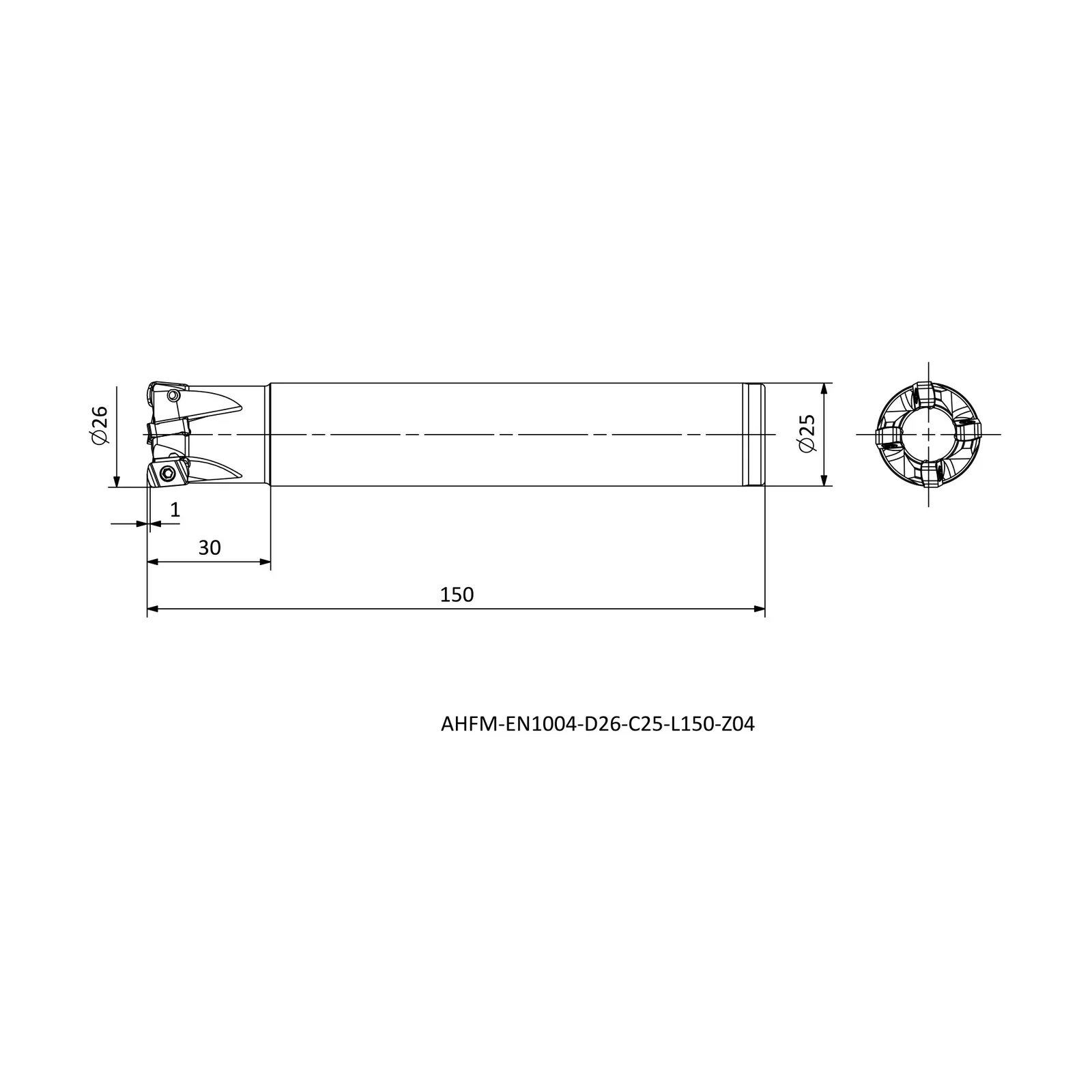 AHFM-EN1004-D26-C25-L150-Z04 &mdash; dimensioned drawing