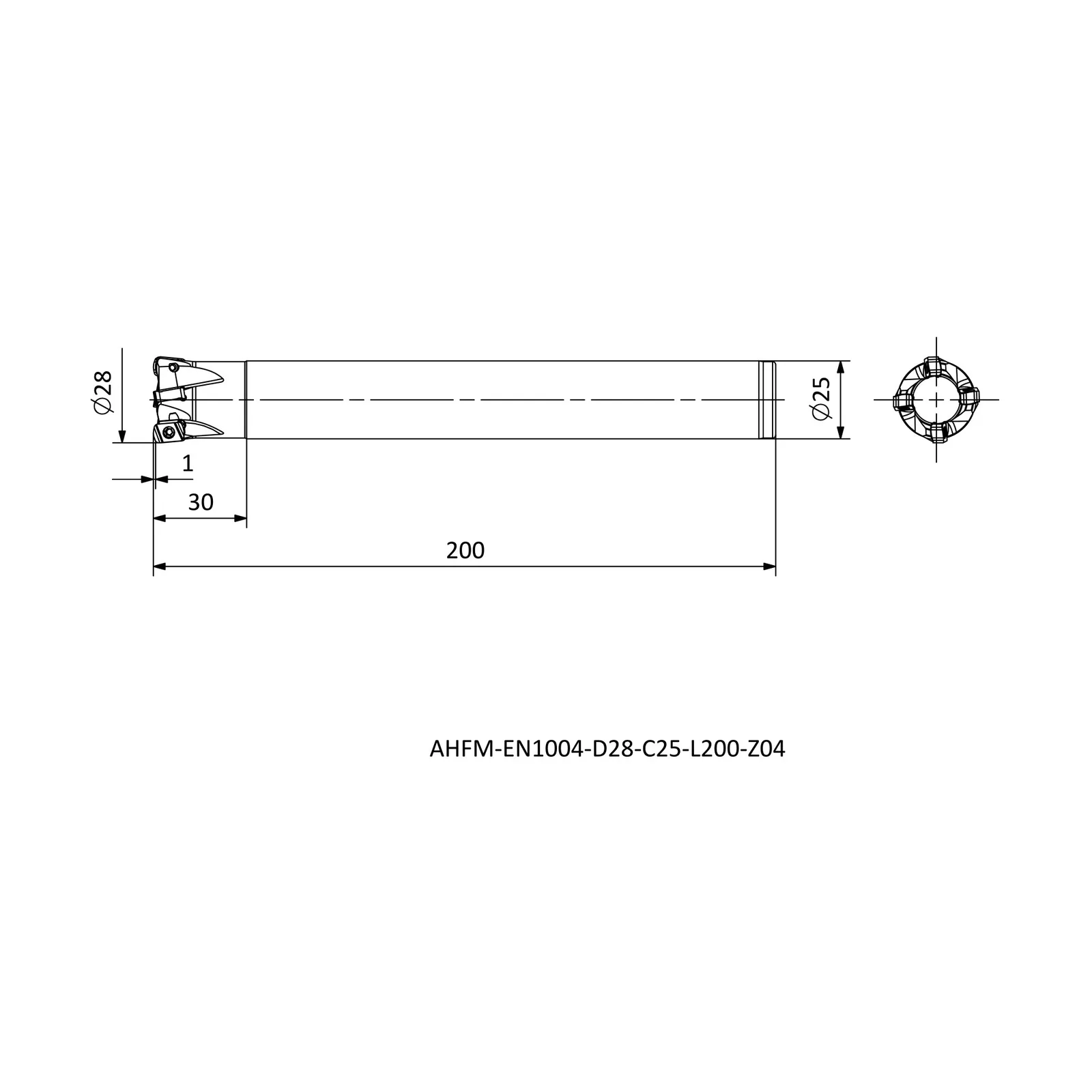 AHFM-EN1004-D28-C25-L200-Z04 &mdash; dimensioned drawing