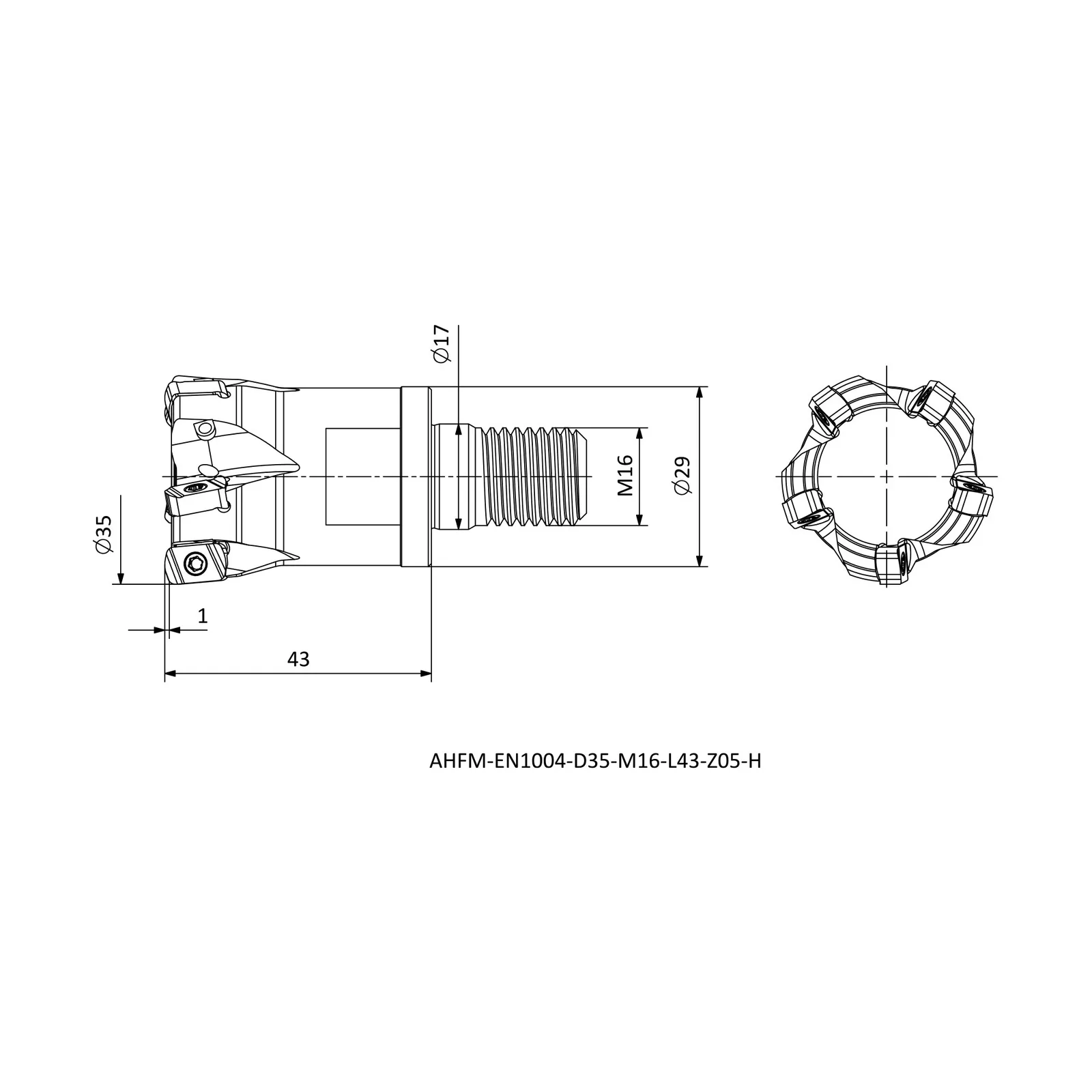 AHFM-EN1004-D35-M16-L43-Z05-H &mdash; dimensioned drawing