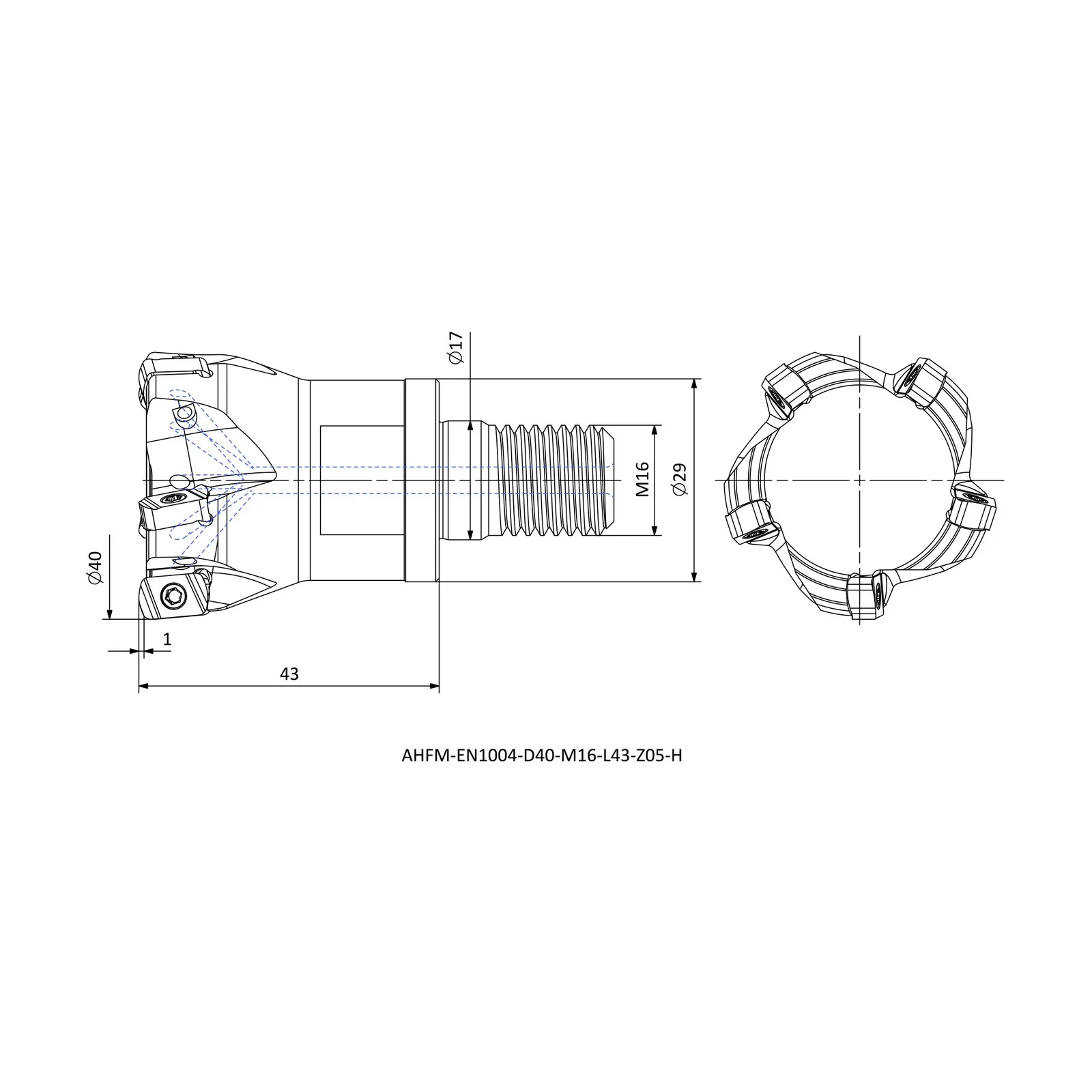 AHFM-EN1004-D40-M16-L43-Z05-H &mdash; dimensioned drawing