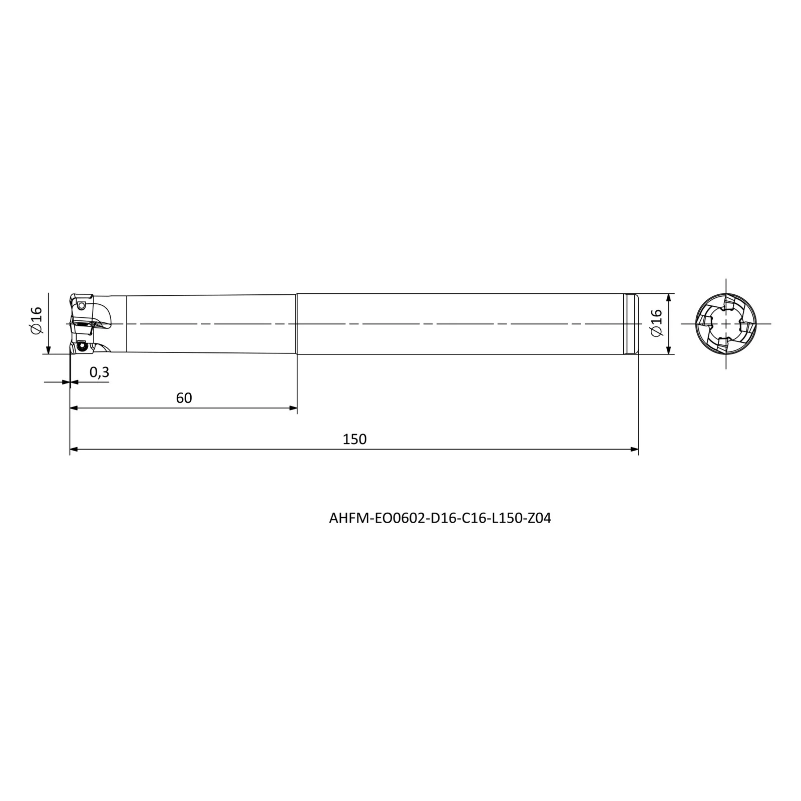 AHFM-EO0602-D16-C16-L150-Z04 &mdash; dimensioned drawing