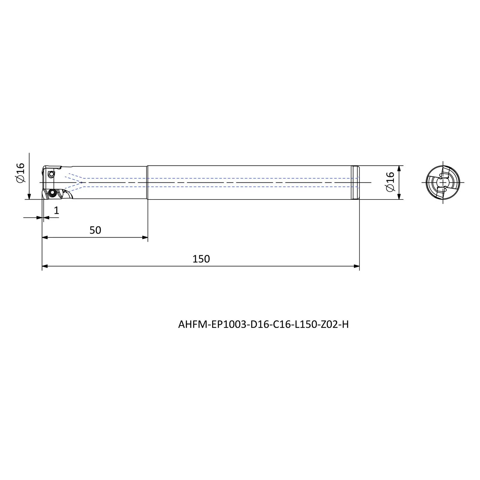 AHFM-EP1003-D16-C16-L150-Z02-H &mdash; dimensioned drawing