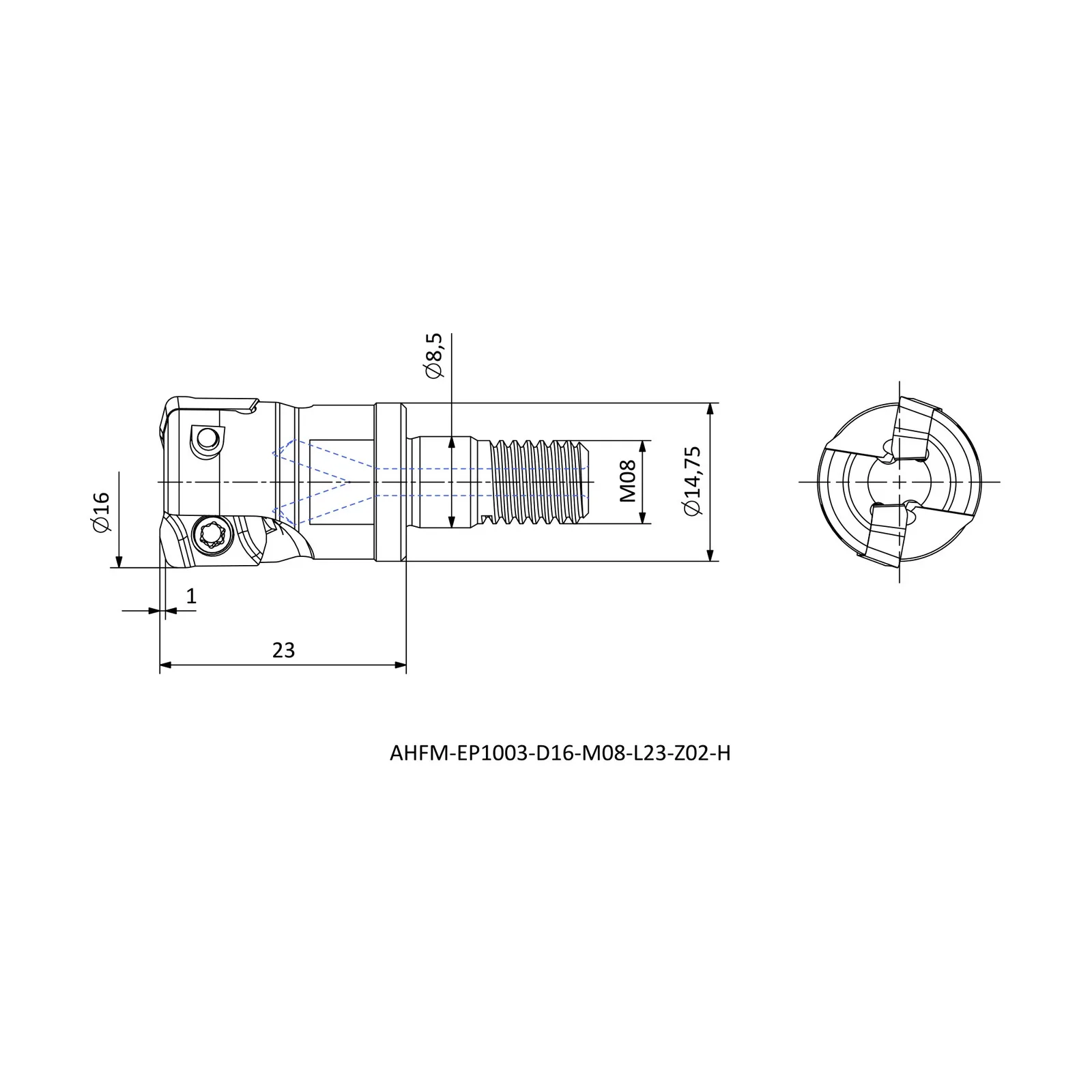 AHFM-EP1003-D16-M08-L23-Z02-H &mdash; dimensioned drawing
