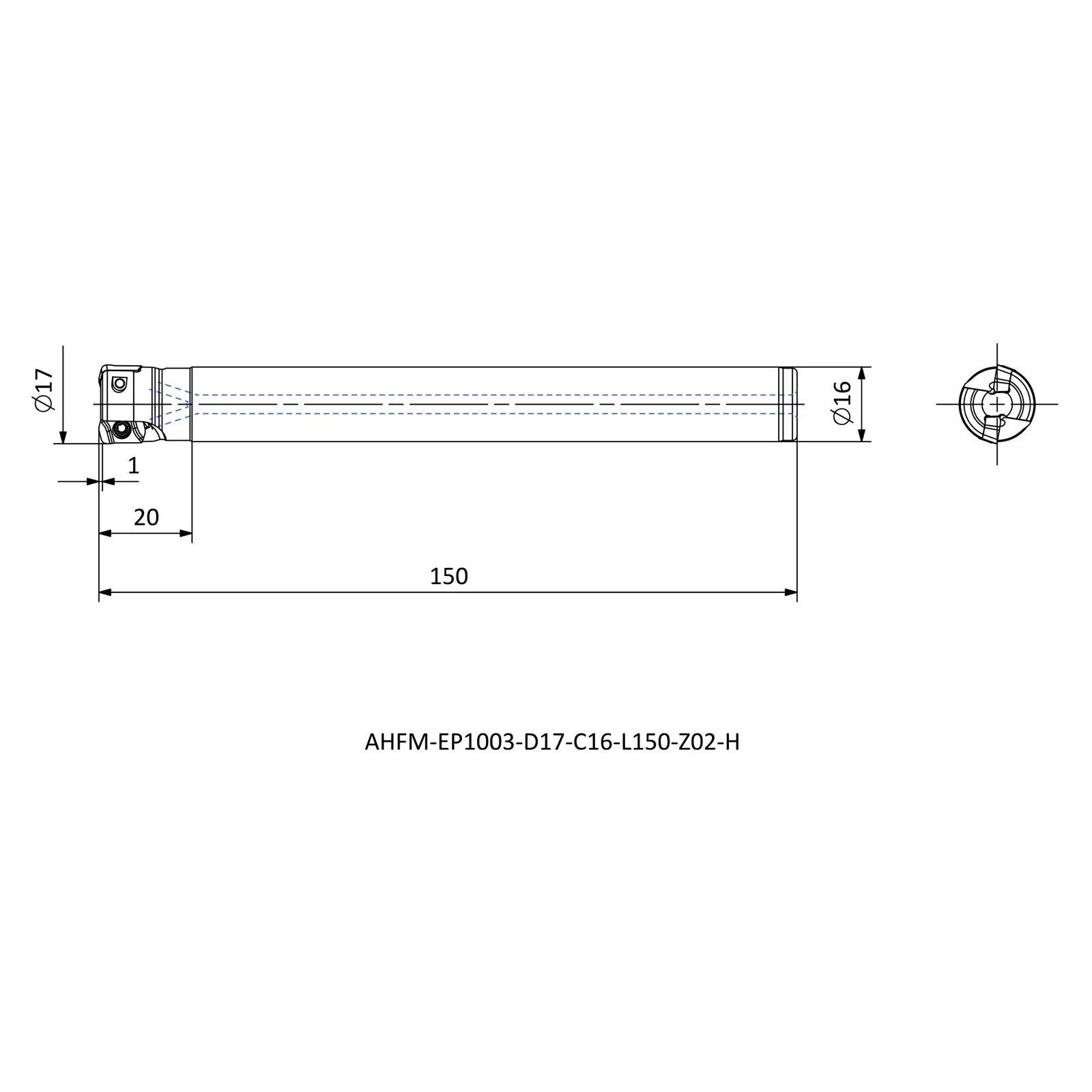 AHFM-EP1003-D17-C16-L150-Z02-H &mdash; dimensioned drawing