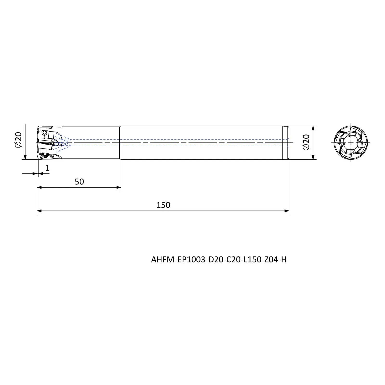 AHFM-EP1003-D20-C20-L150-Z04-H &mdash; dimensioned drawing