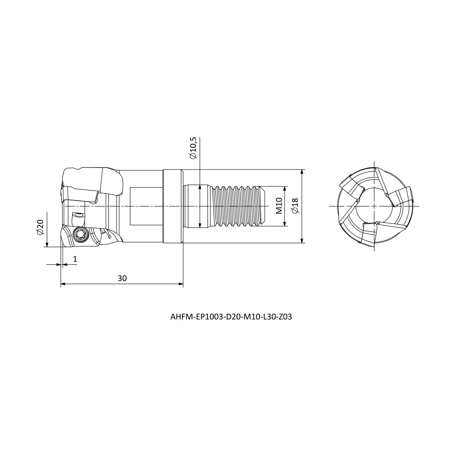 AHFM-EP1003-D20-M10-L30-Z03 &mdash; dimensioned drawing