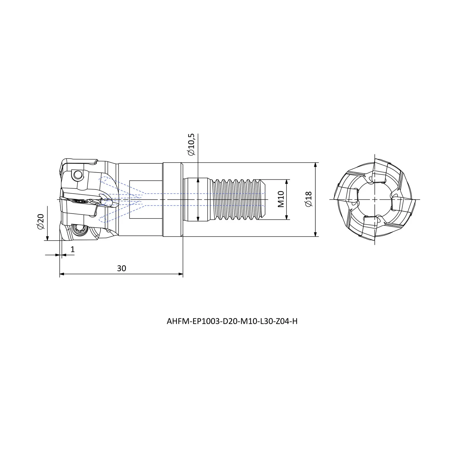 AHFM-EP1003-D20-M10-L30-Z04-H &mdash; dimensioned drawing