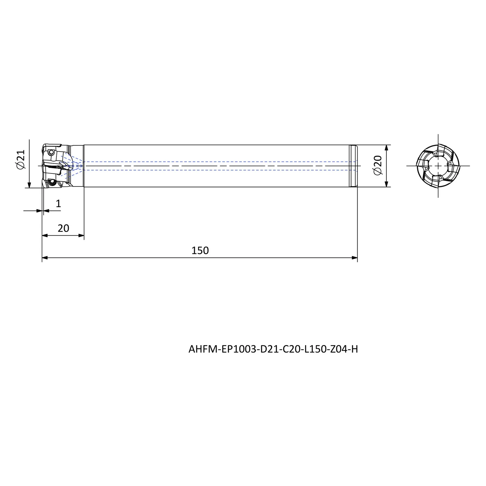 AHFM-EP1003-D21-C20-L150-Z04-H &mdash; dimensioned drawing