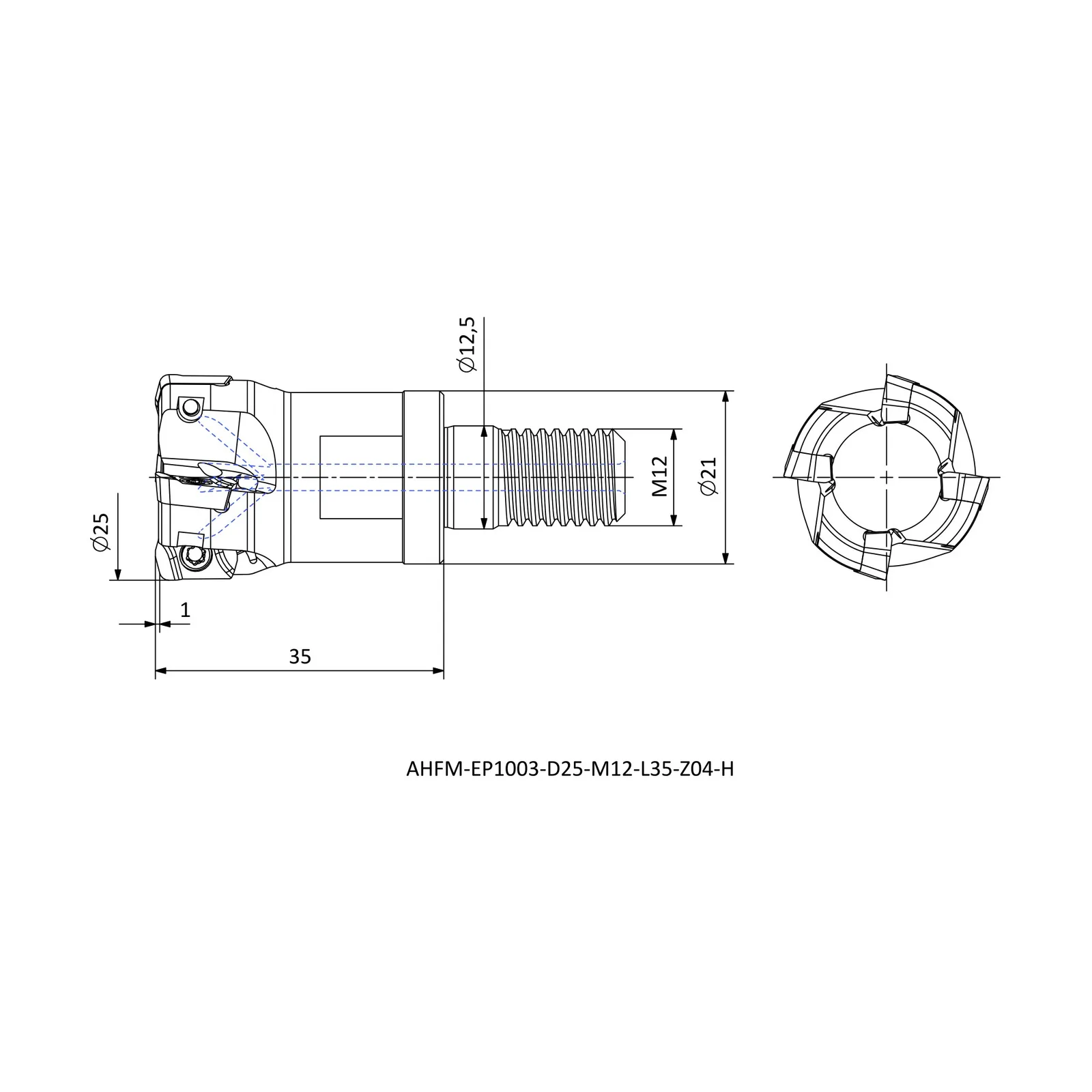 AHFM-EP1003-D25-M12-L35-Z04-H &mdash; dimensioned drawing
