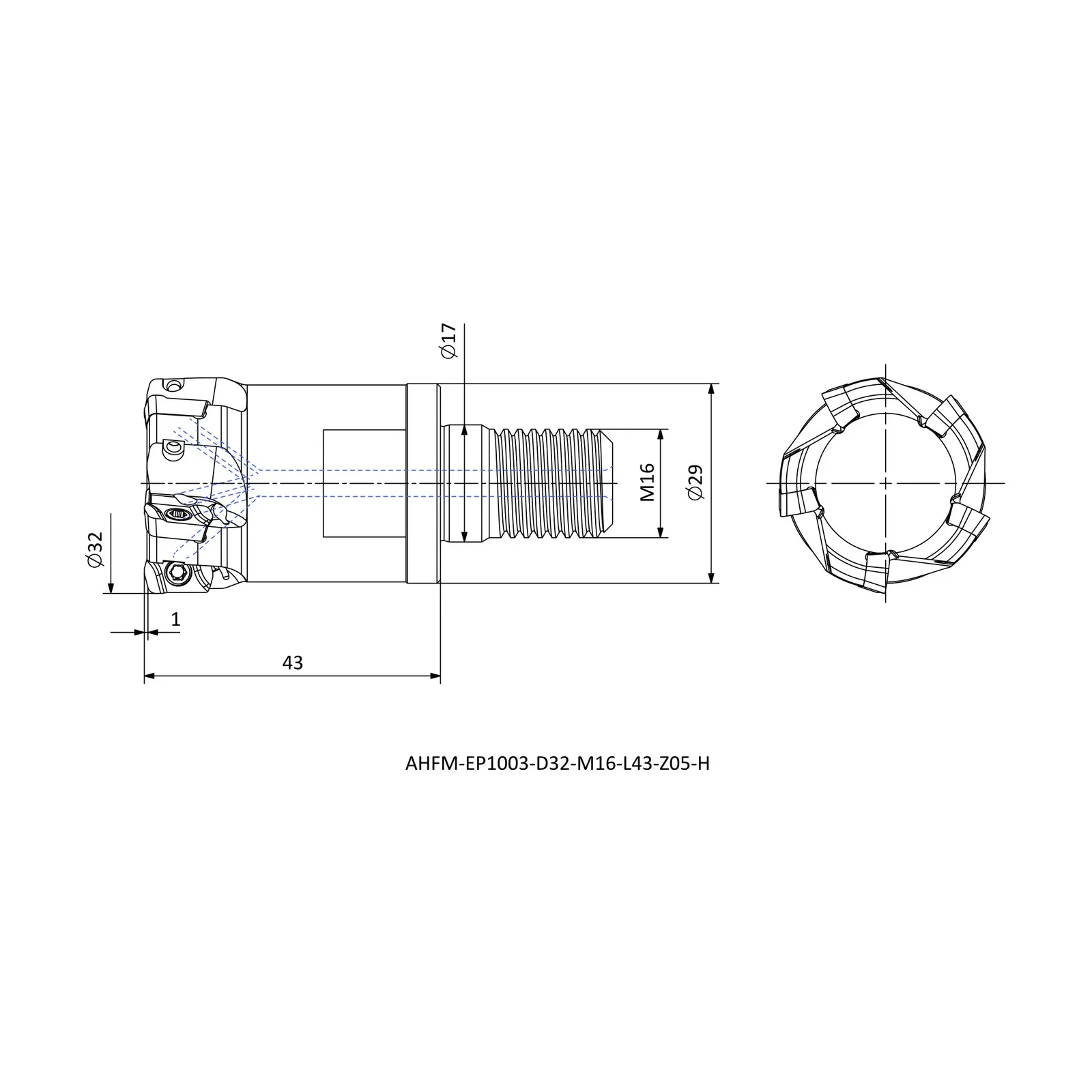 AHFM-EP1003-D32-M16-L43-Z05-H &mdash; dimensioned drawing
