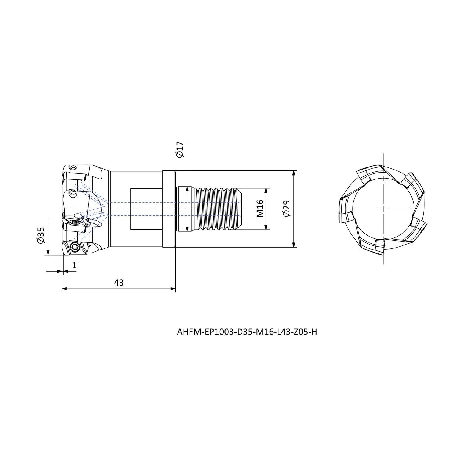 AHFM-EP1003-D35-M16-L43-Z05-H &mdash; dimensioned drawing
