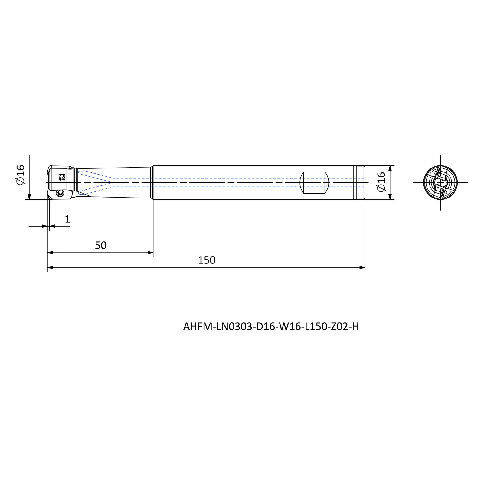 AHFM-LN0303-D16-W16-L150-Z02-H &mdash; dimensioned drawing