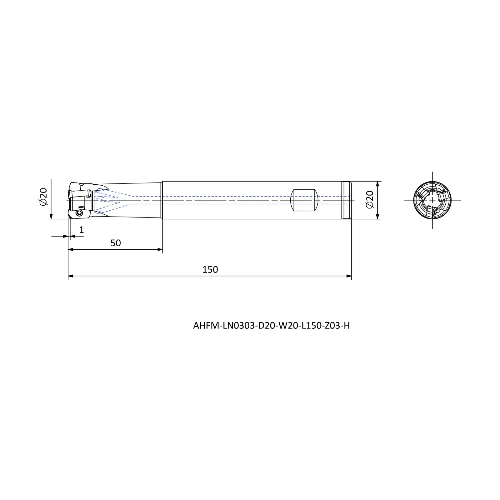 AHFM-LN0303-D20-W20-L150-Z03-H &mdash; dimensioned drawing
