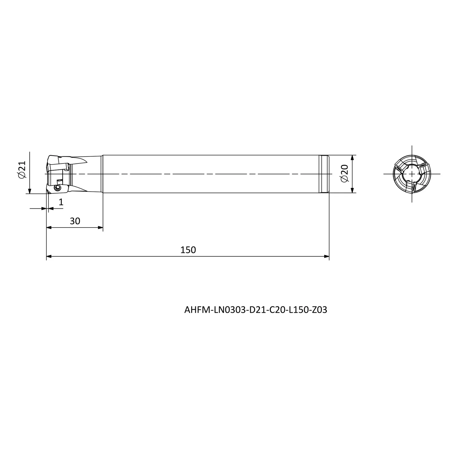 AHFM-LN0303-D21-C20-L150-Z03 &mdash; dimensioned drawing