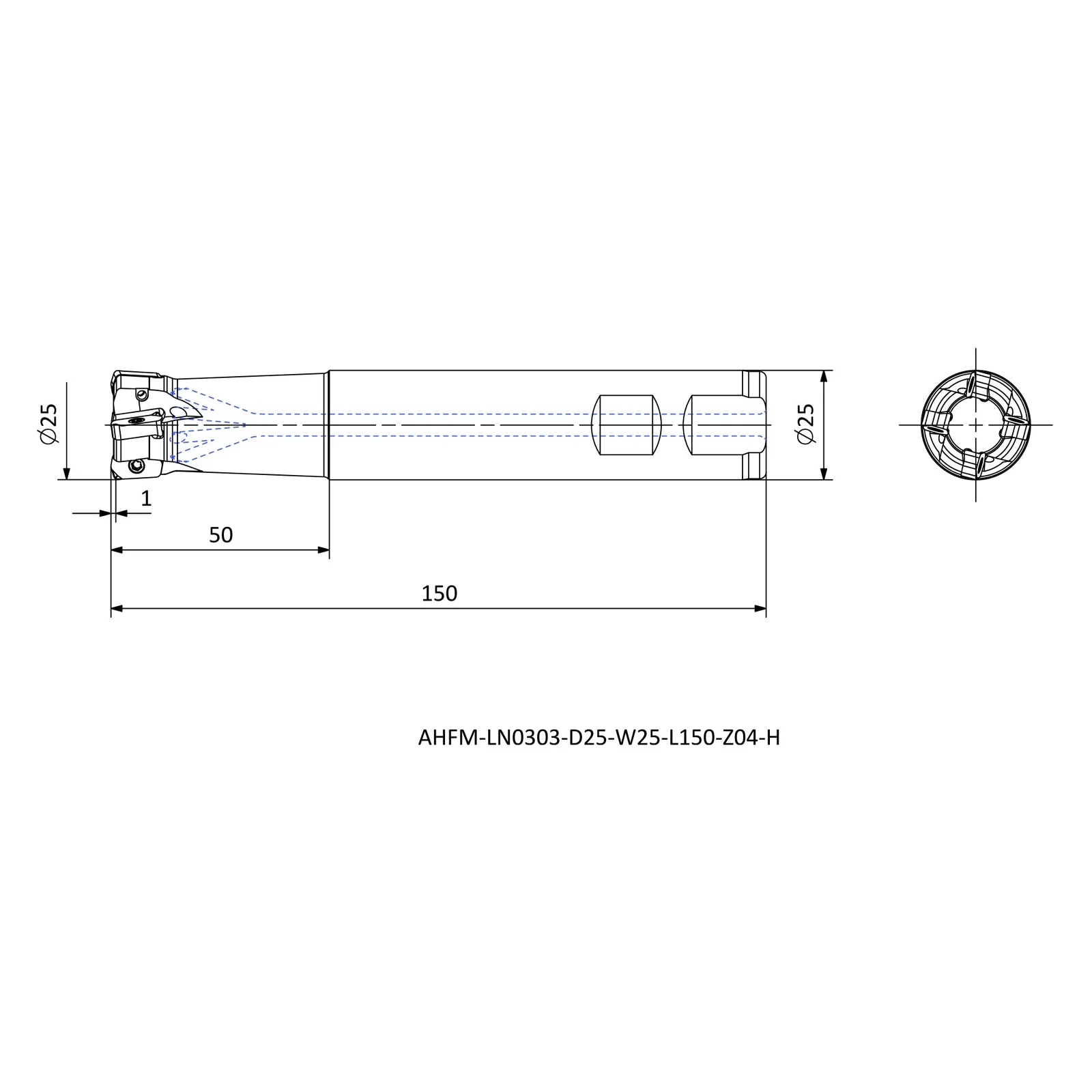 AHFM-LN0303-D25-W25-L150-Z04-H &mdash; dimensioned drawing