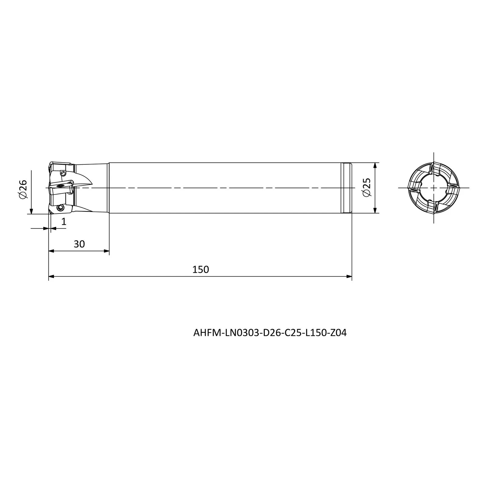 AHFM-LN0303-D26-C25-L150-Z04 &mdash; dimensioned drawing