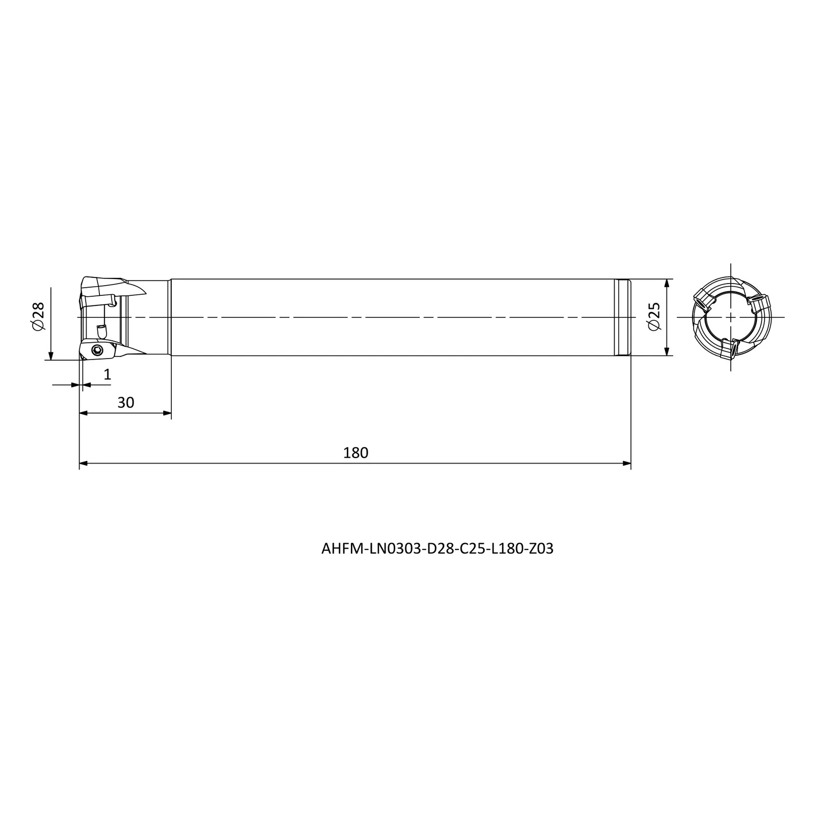 AHFM-LN0303-D28-C25-L180-Z03 &mdash; dimensioned drawing