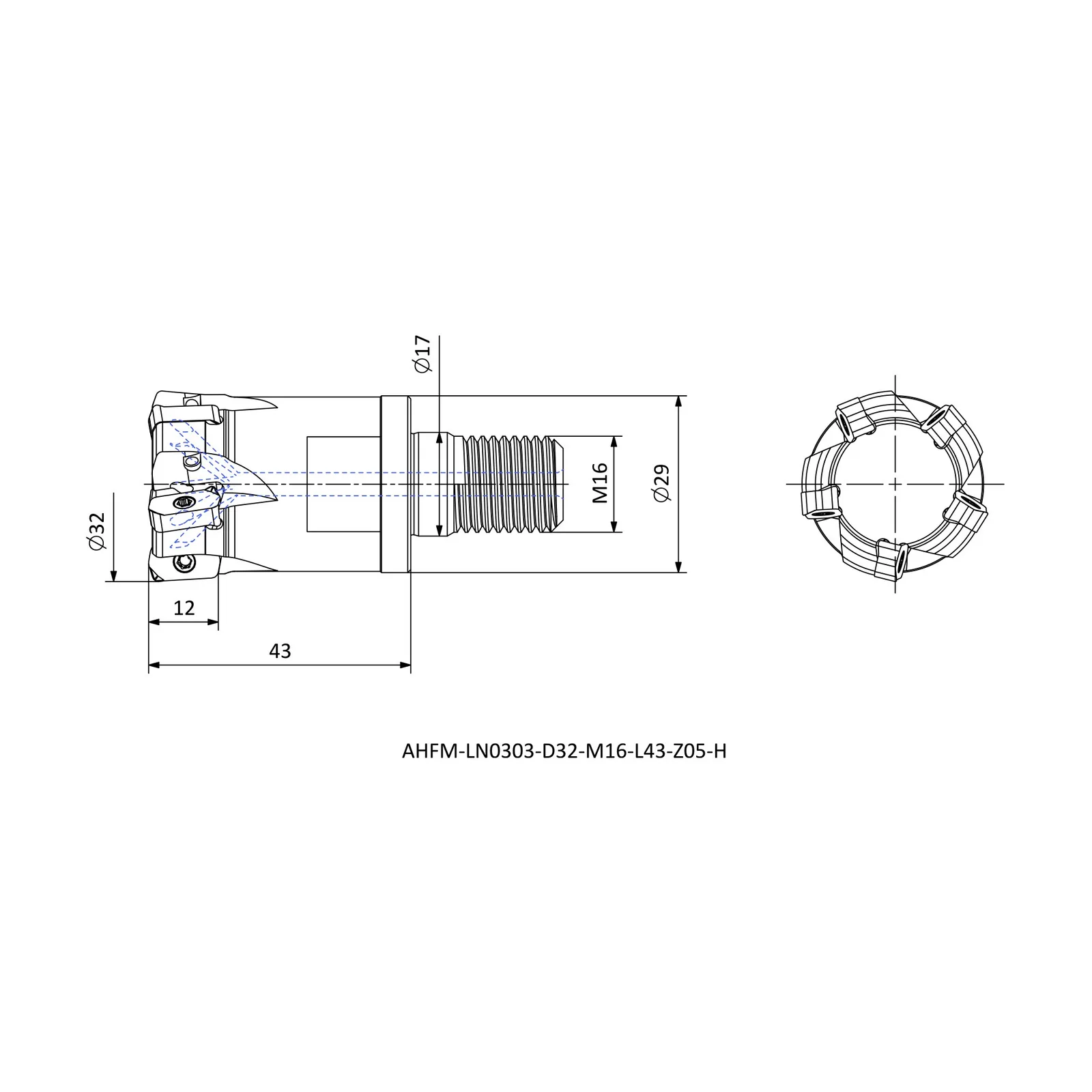 AHFM-LN0303-D32-M16-L43-Z05-H &mdash; dimensioned drawing