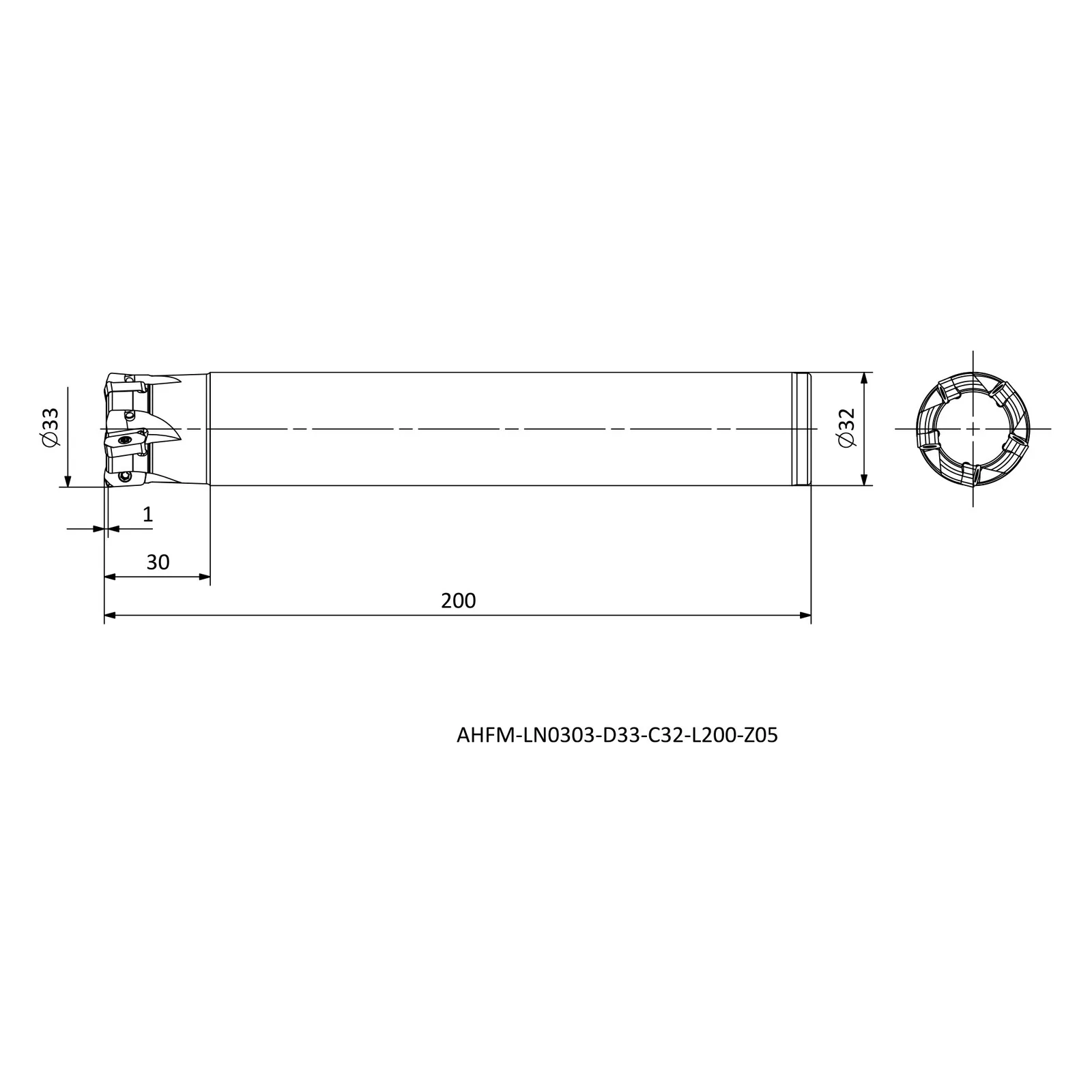AHFM-LN0303-D33-C32-L200-Z05 &mdash; dimensioned drawing