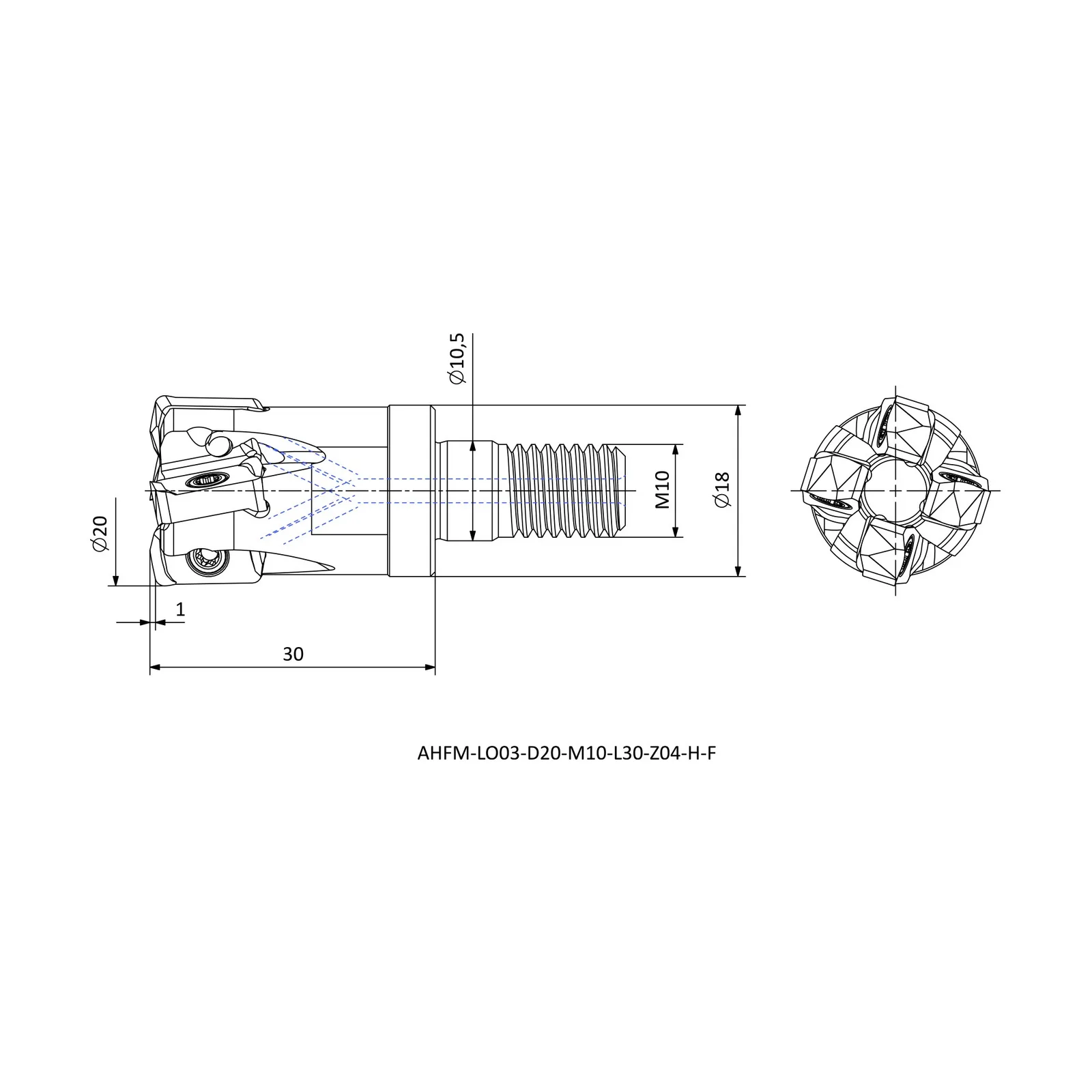AHFM-LO03-D20-M10-L30-Z04-H-F &mdash; dimensioned drawing