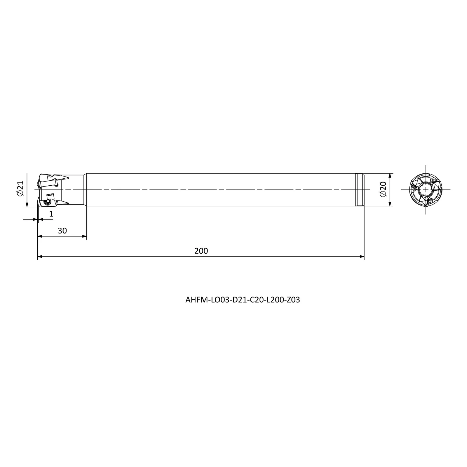 AHFM-LO03-D21-C20-L200-Z03 &mdash; dimensioned drawing