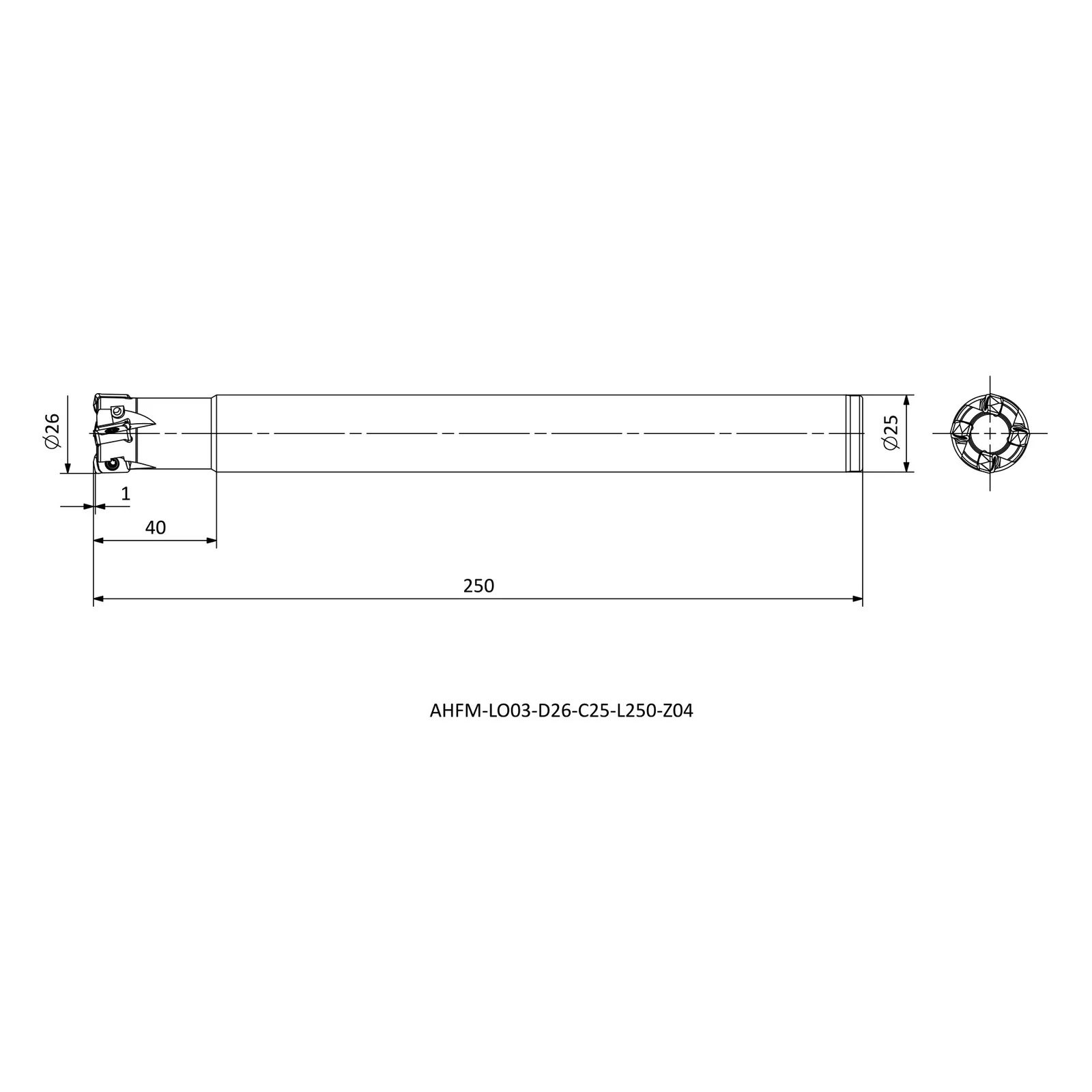 AHFM-LO03-D26-C25-L250-Z04 &mdash; dimensioned drawing