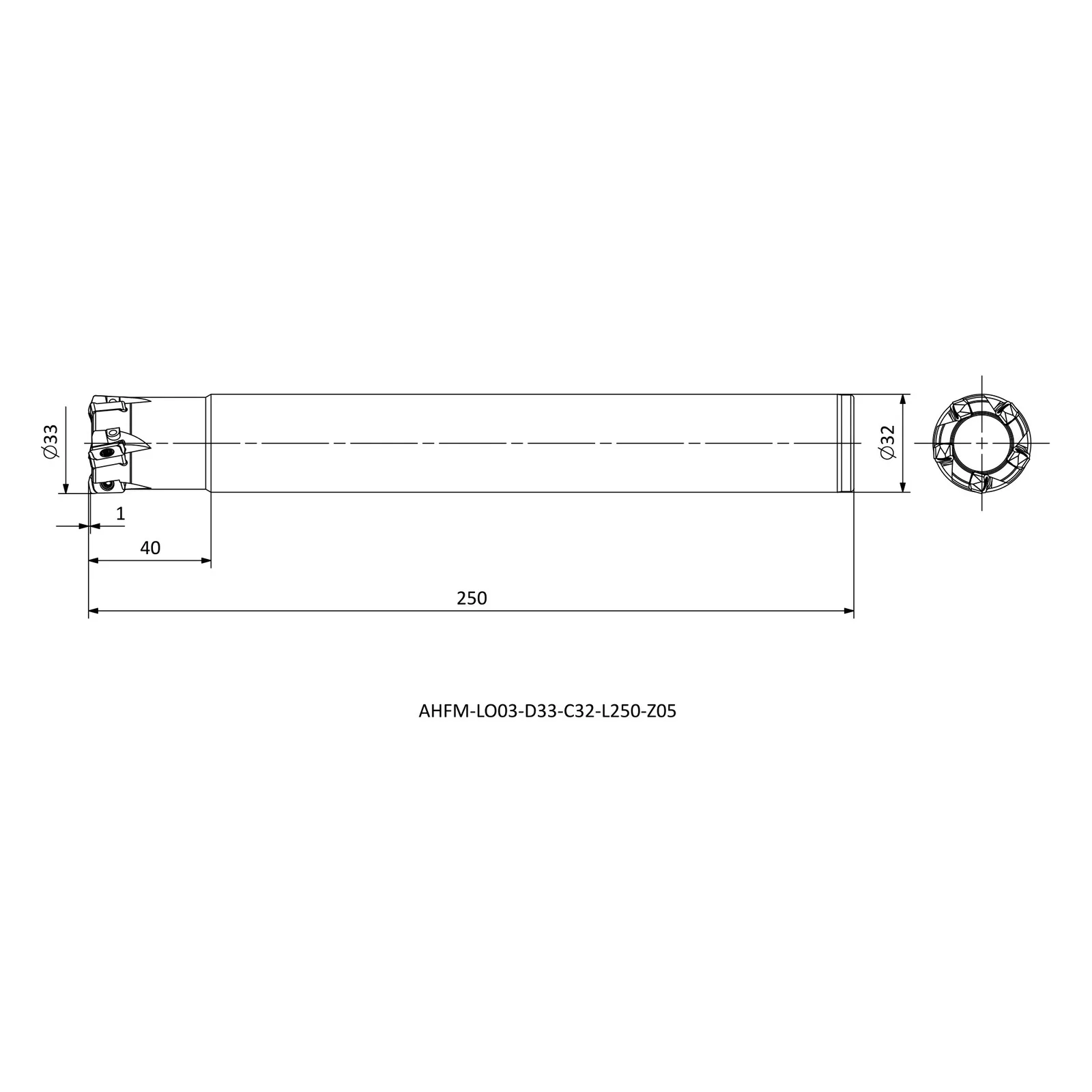 AHFM-LO03-D33-C32-L250-Z05 &mdash; dimensioned drawing