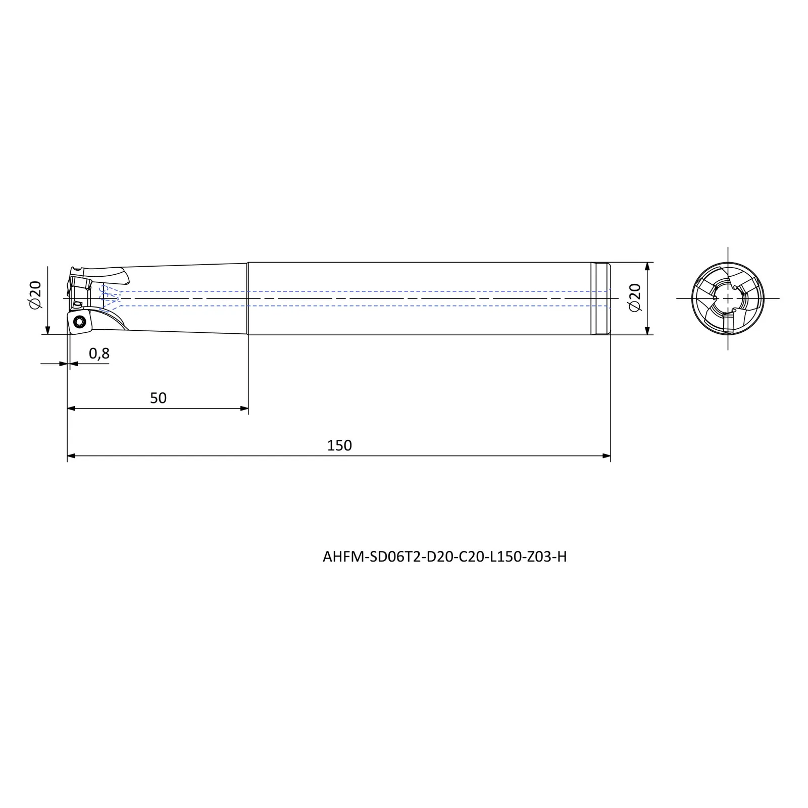 AHFM-SD06T2-D20-C20-L150-Z03-H &mdash; dimensioned drawing