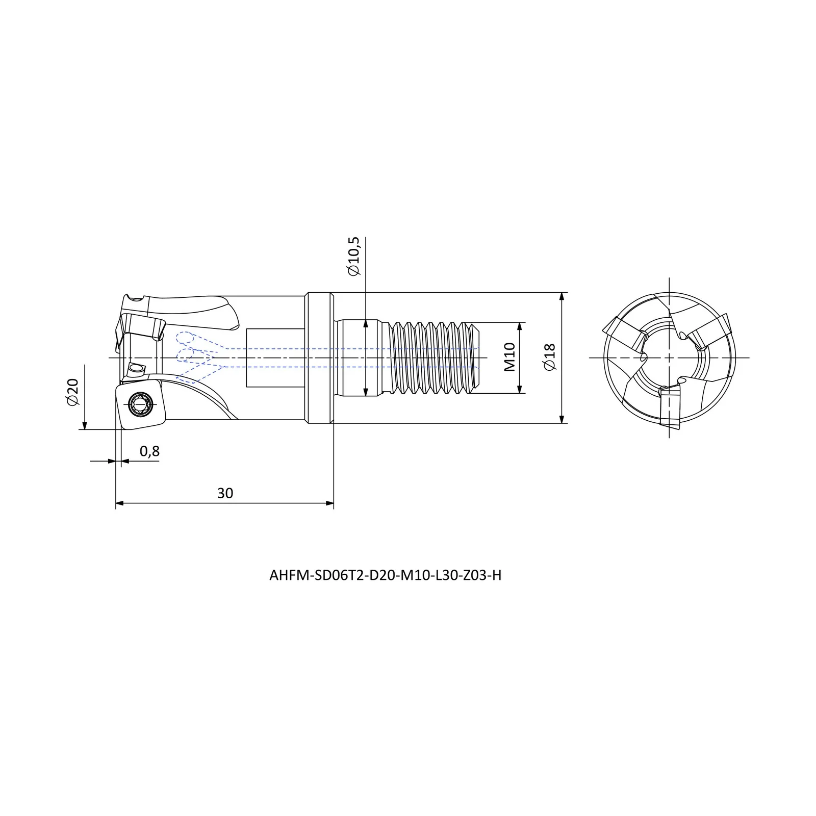 AHFM-SD06T2-D20-M10-L30-Z03-H &mdash; dimensioned drawing