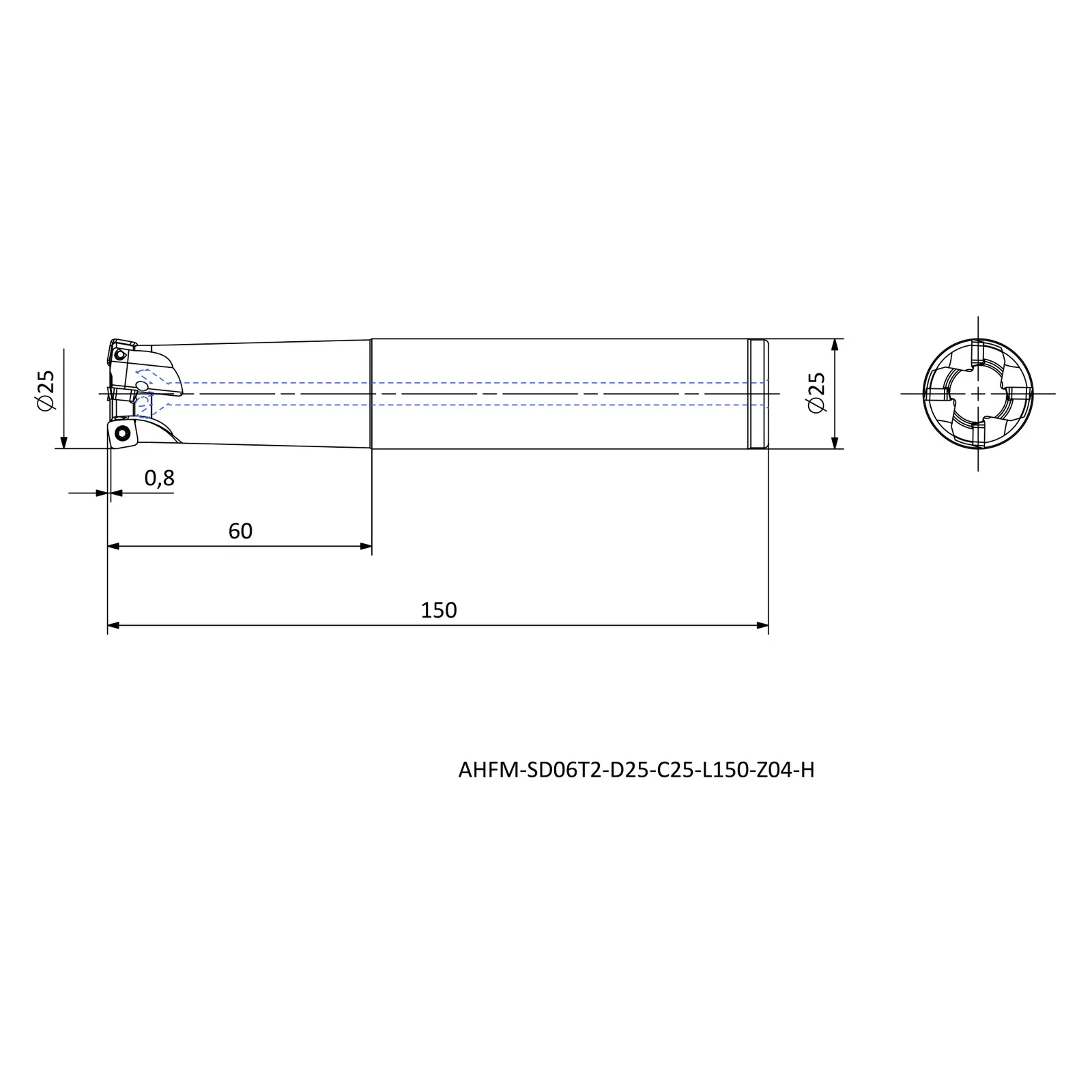 AHFM-SD06T2-D25-C25-L150-Z04-H &mdash; dimensioned drawing
