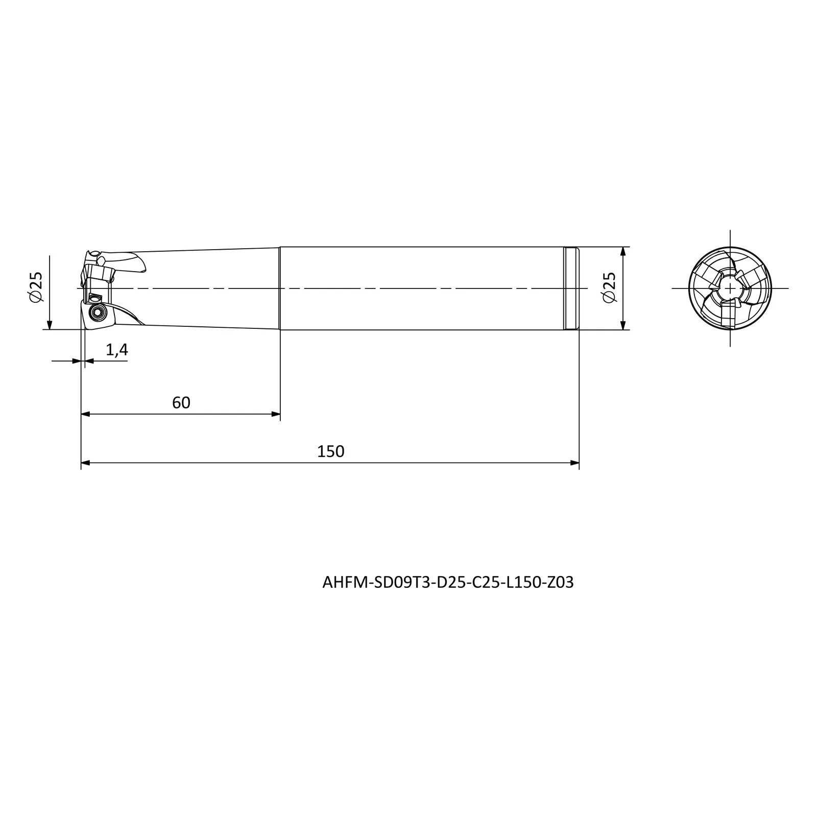AHFM-SD09T3-D25-C25-L150-Z03 &mdash; dimensioned drawing