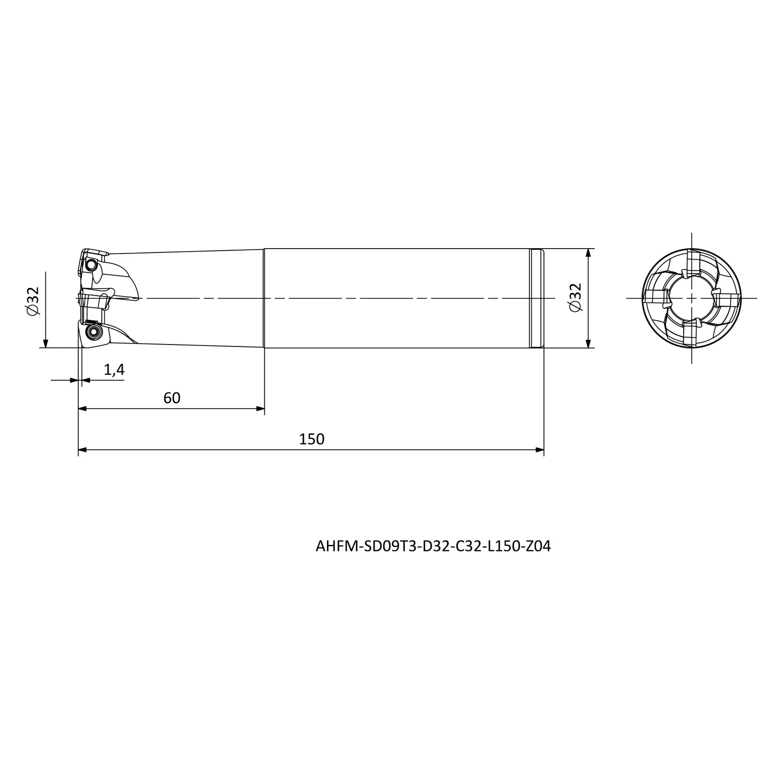 AHFM-SD09T3-D32-C32-L150-Z04 &mdash; dimensioned drawing