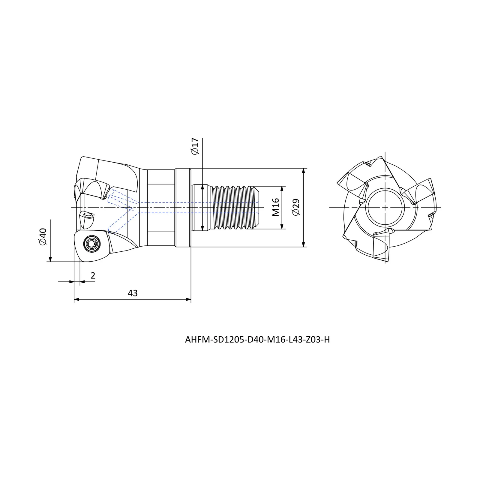 AHFM-SD1205-D40-M16-L43-Z03-H &mdash; dimensioned drawing