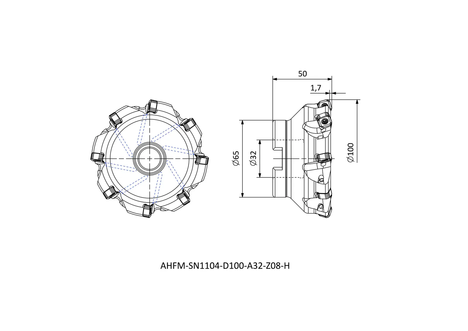 AHFM-SN1104-D100-A32-Z08-H &mdash; dimensioned drawing