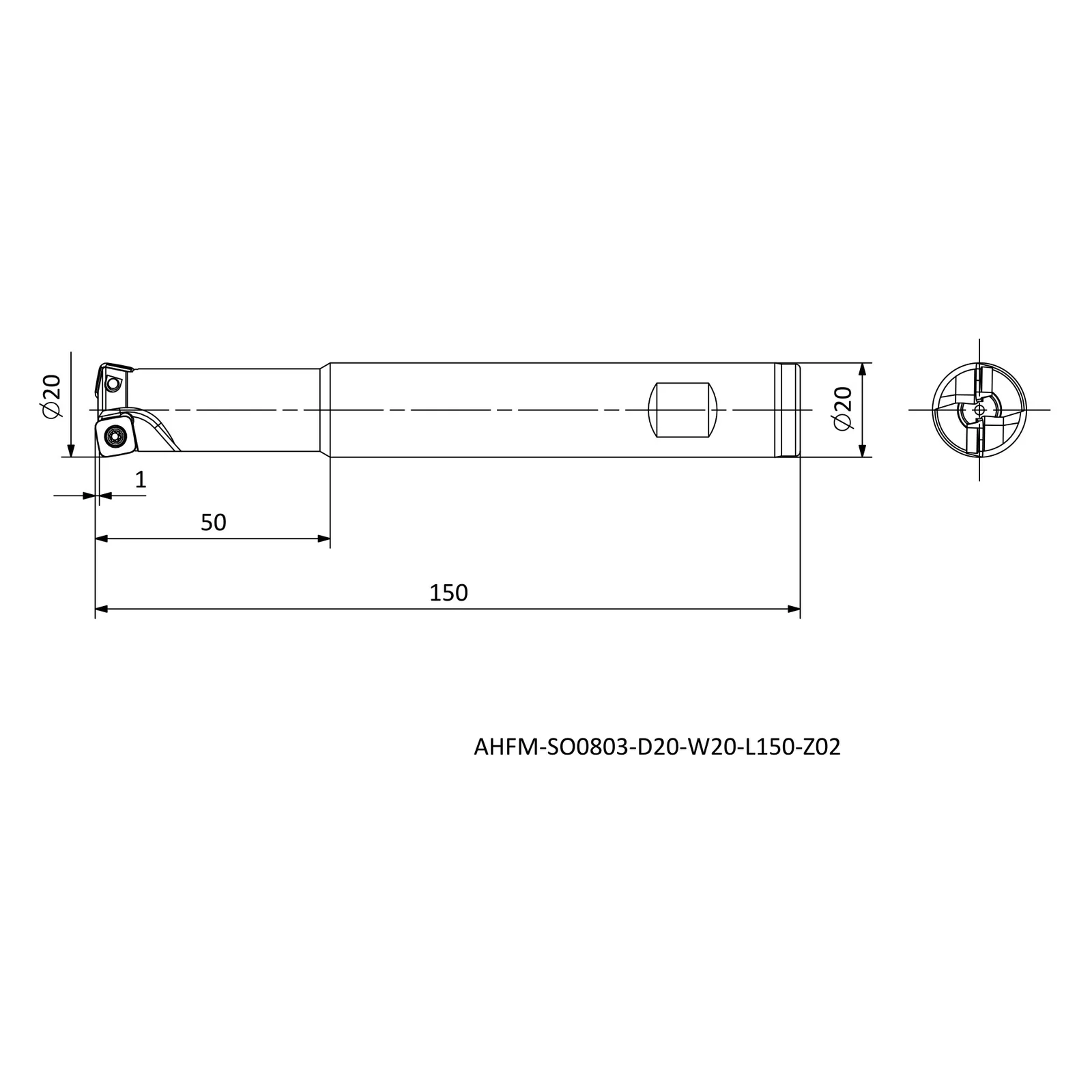 AHFM-SO0803-D20-W20-L150-Z02 &mdash; dimensioned drawing