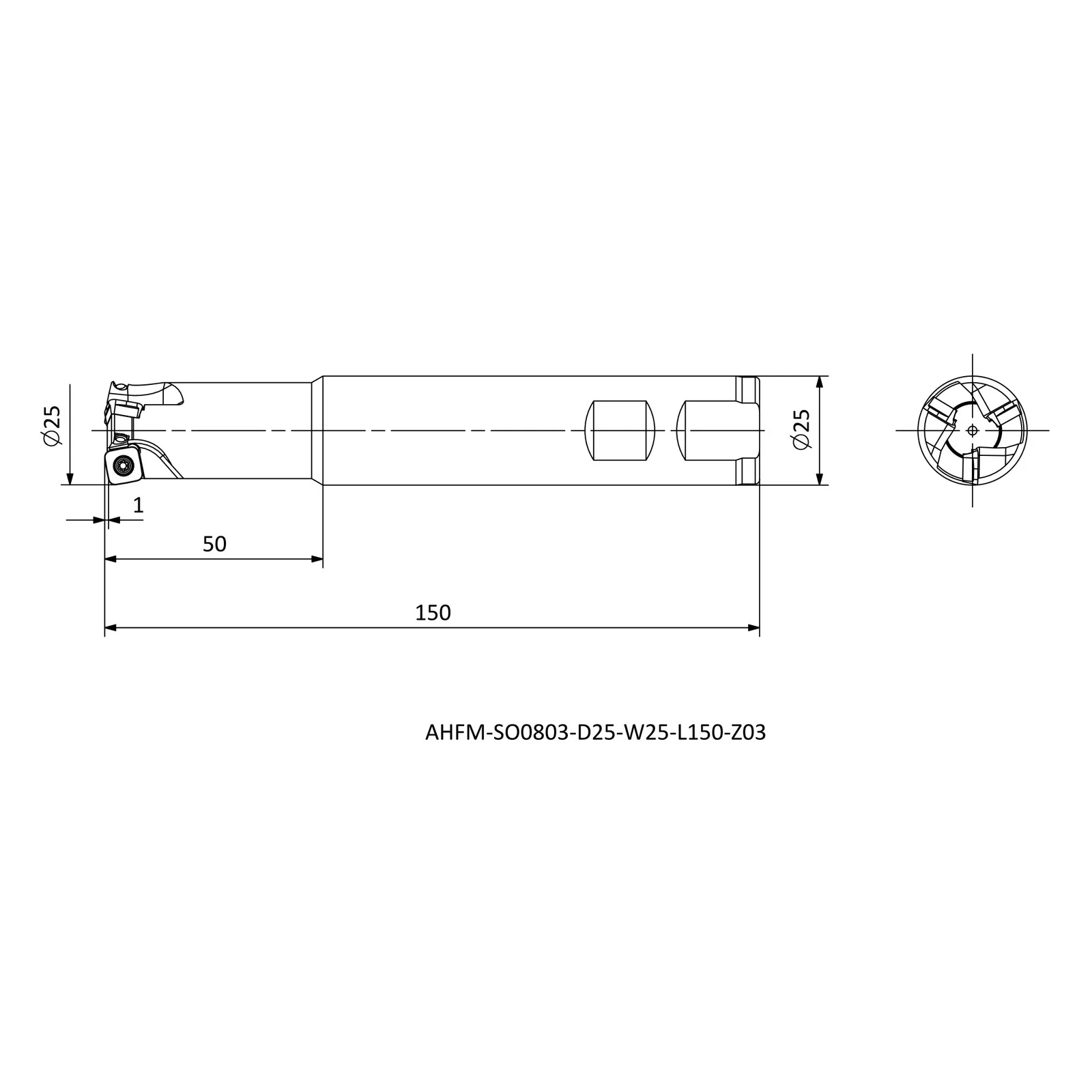 AHFM-SO0803-D25-W25-L150-Z03 &mdash; dimensioned drawing