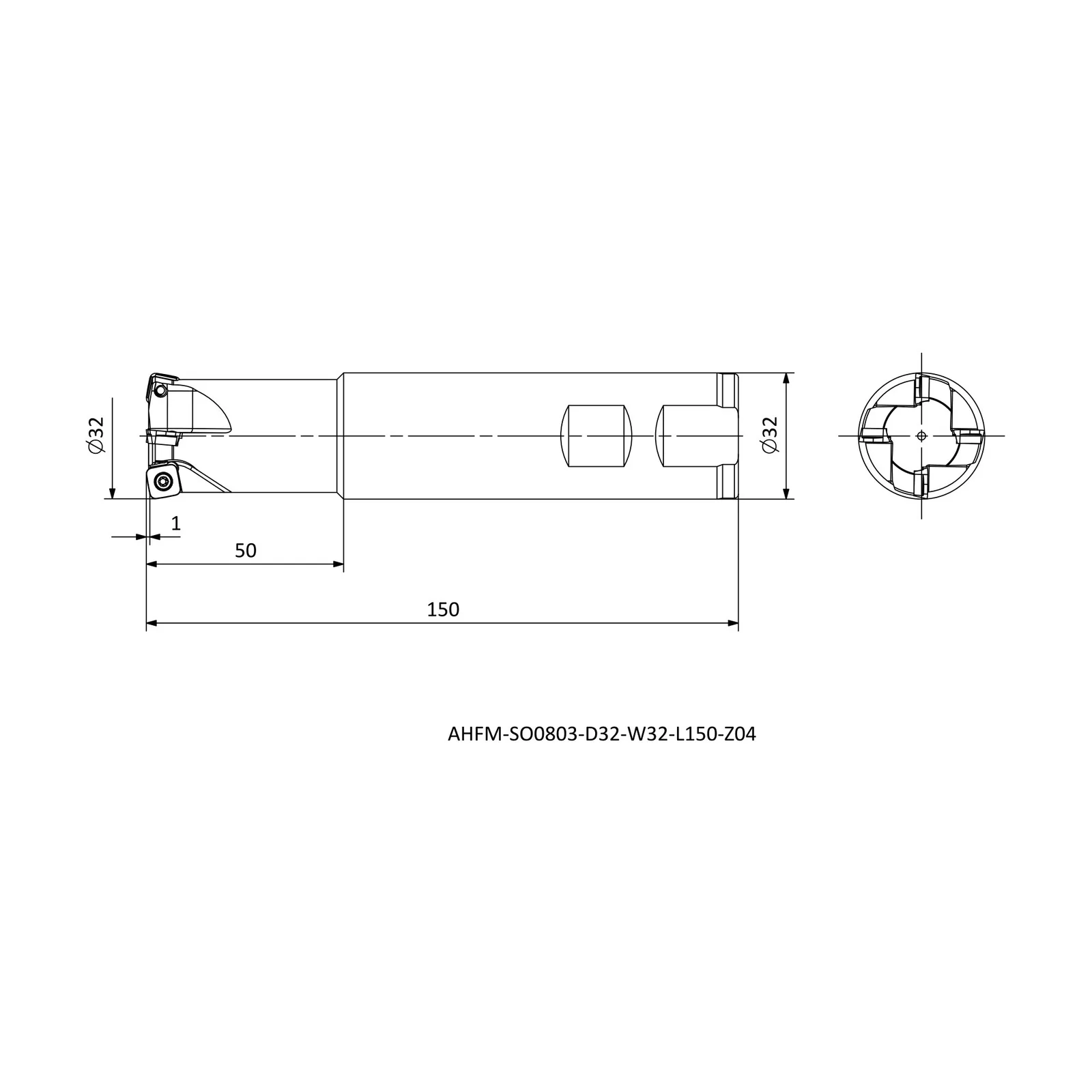 AHFM-SO0803-D32-W32-L150-Z04 &mdash; dimensioned drawing