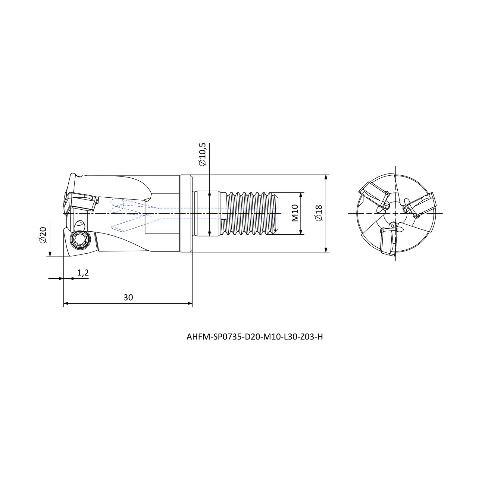 AHFM-SP0735-D20-M10-L30-Z03-H &mdash; dimensioned drawing