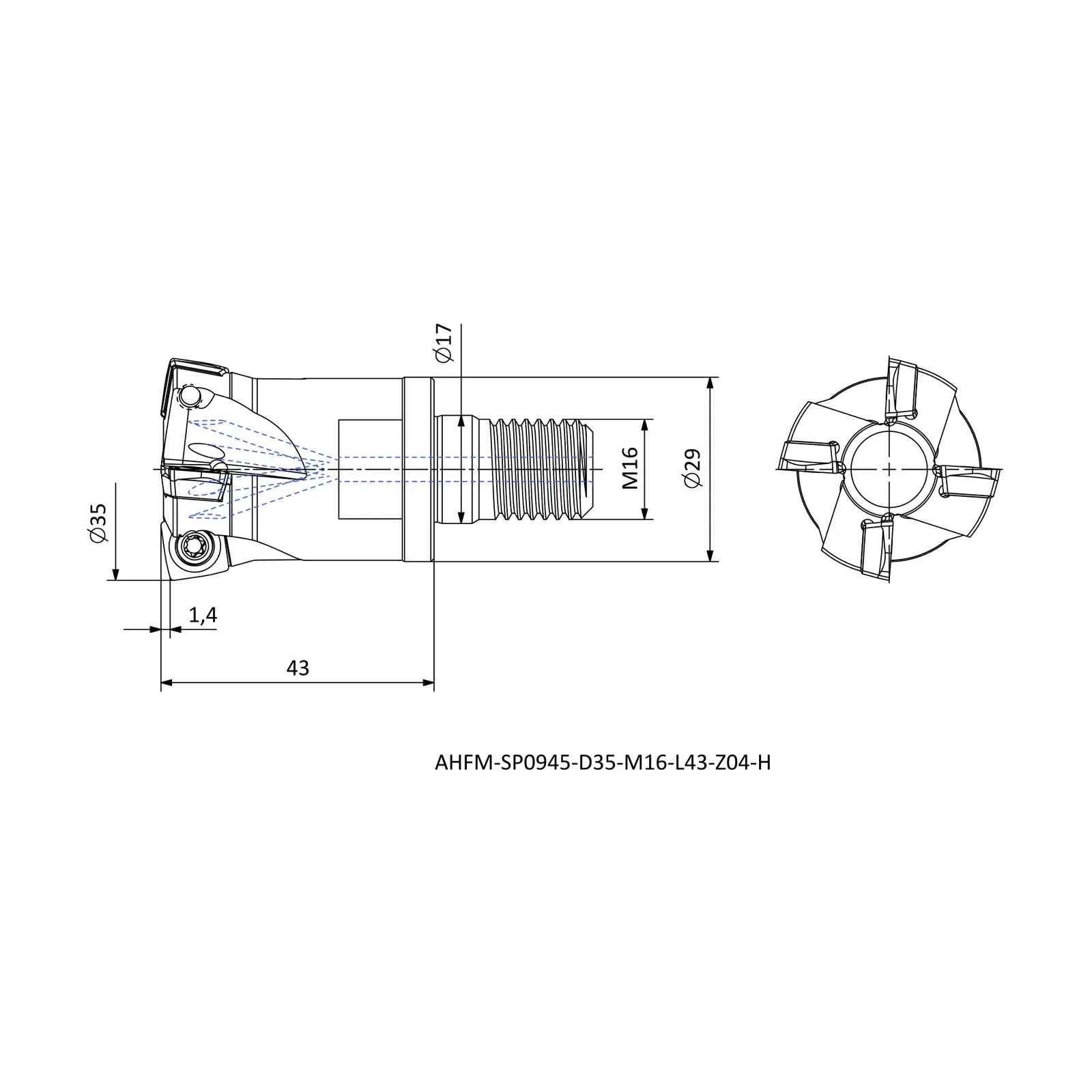 AHFM-SP0945-D35-M16-L43-Z04-H &mdash; dimensioned drawing