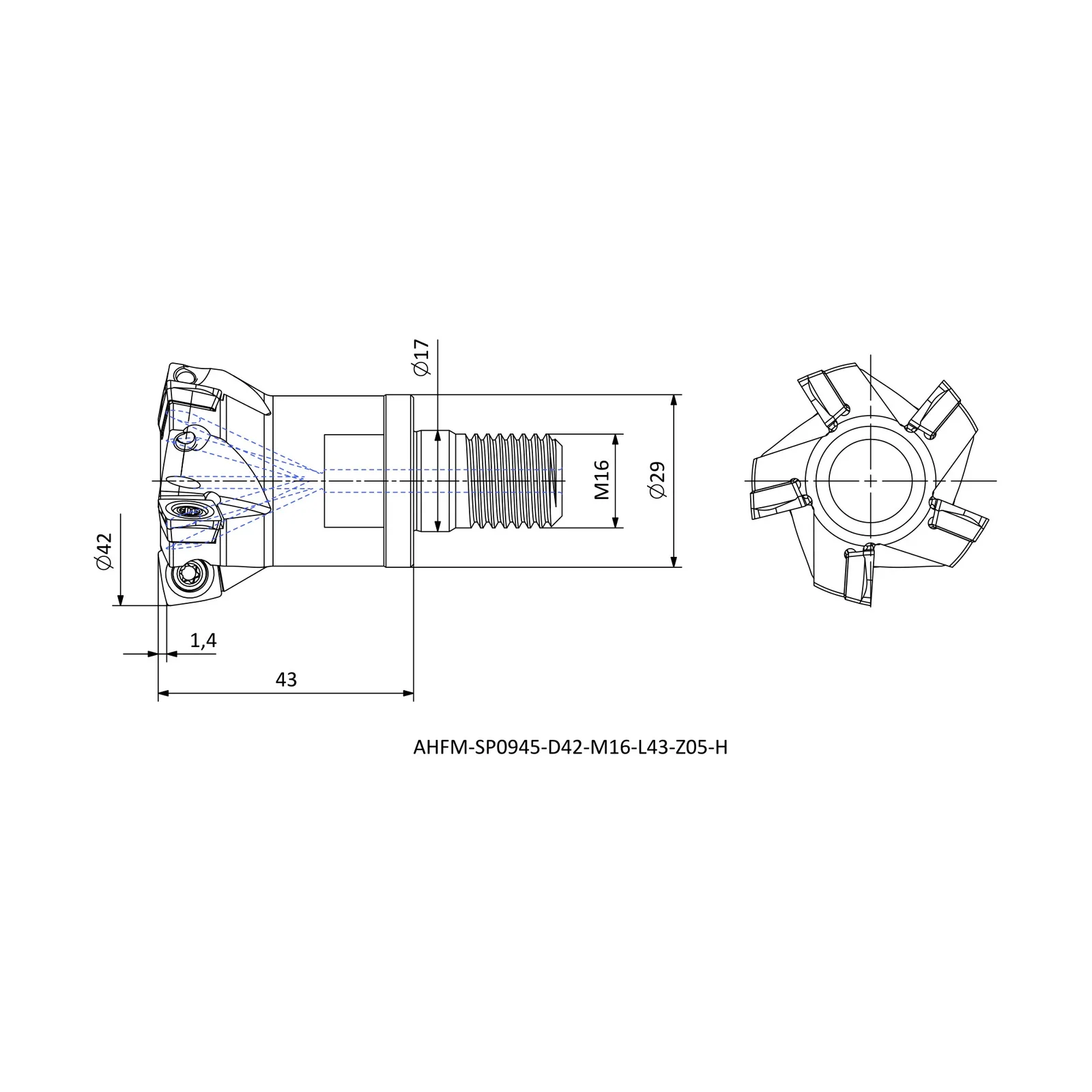AHFM-SP0945-D42-M16-L43-Z05-H &mdash; dimensioned drawing