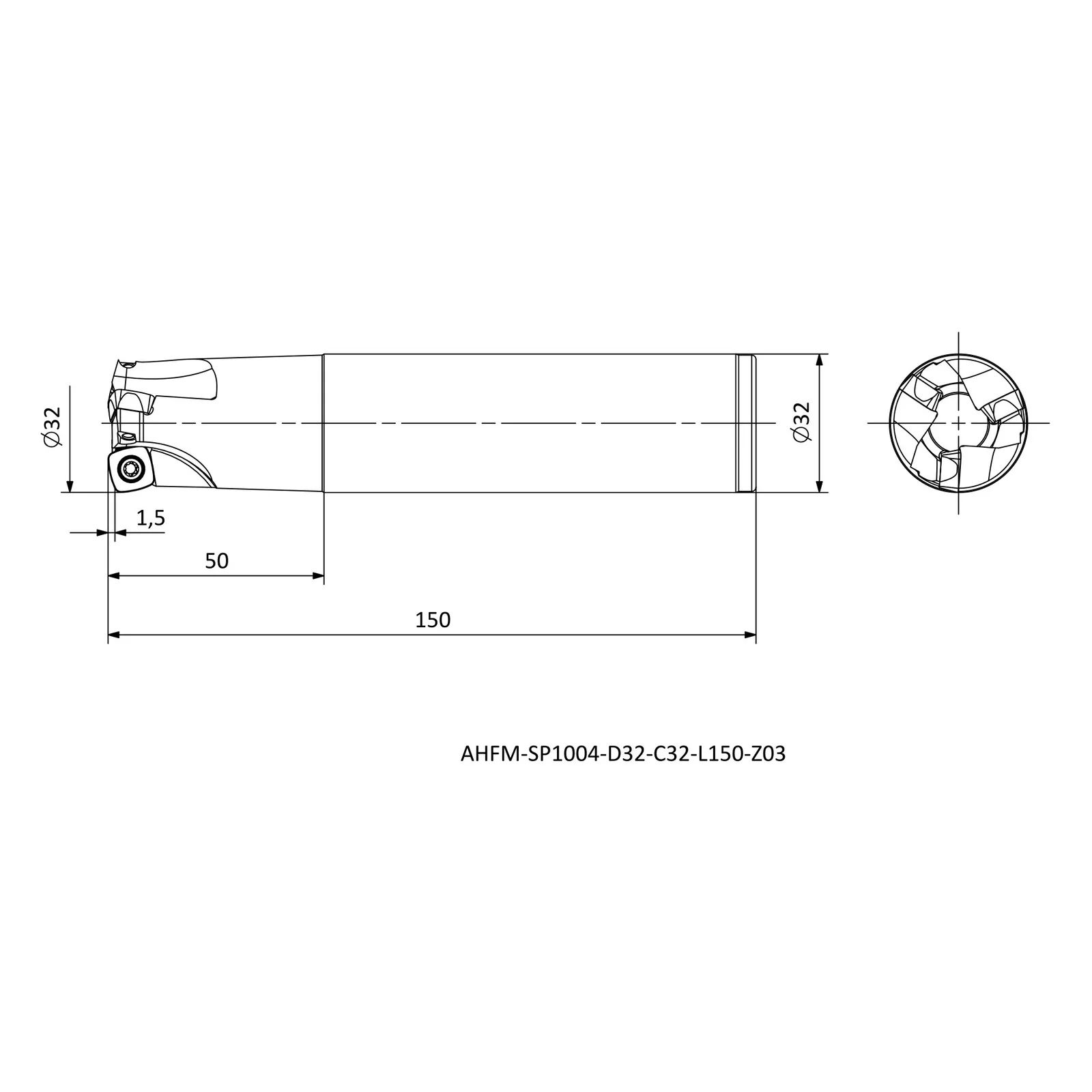 AHFM-SP1004-D32-C32-L150-Z03 &mdash; dimensioned drawing