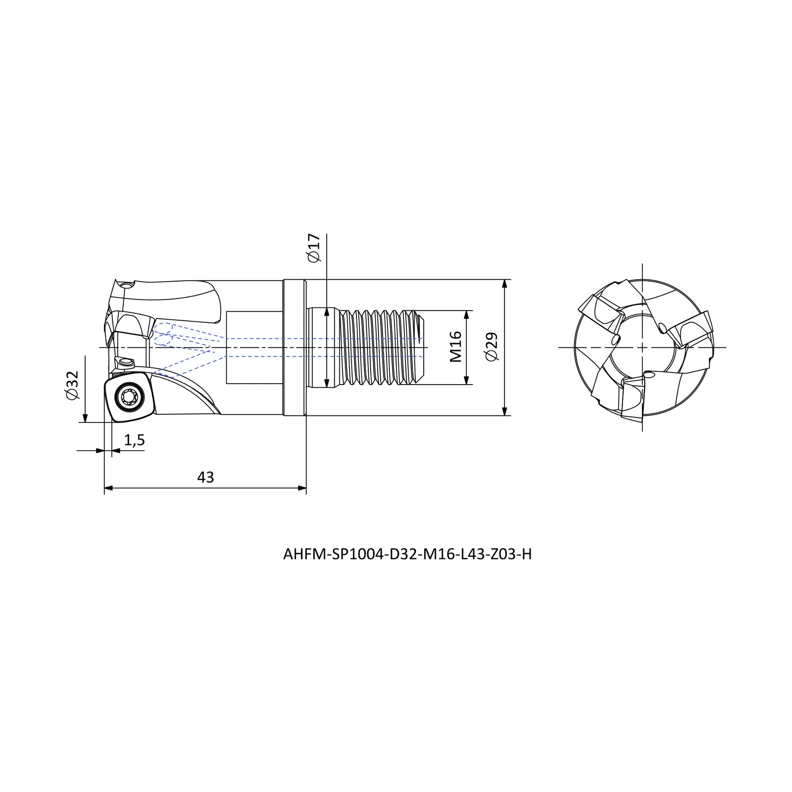 AHFM-SP1004-D32-M16-L43-Z03-H &mdash; dimensioned drawing