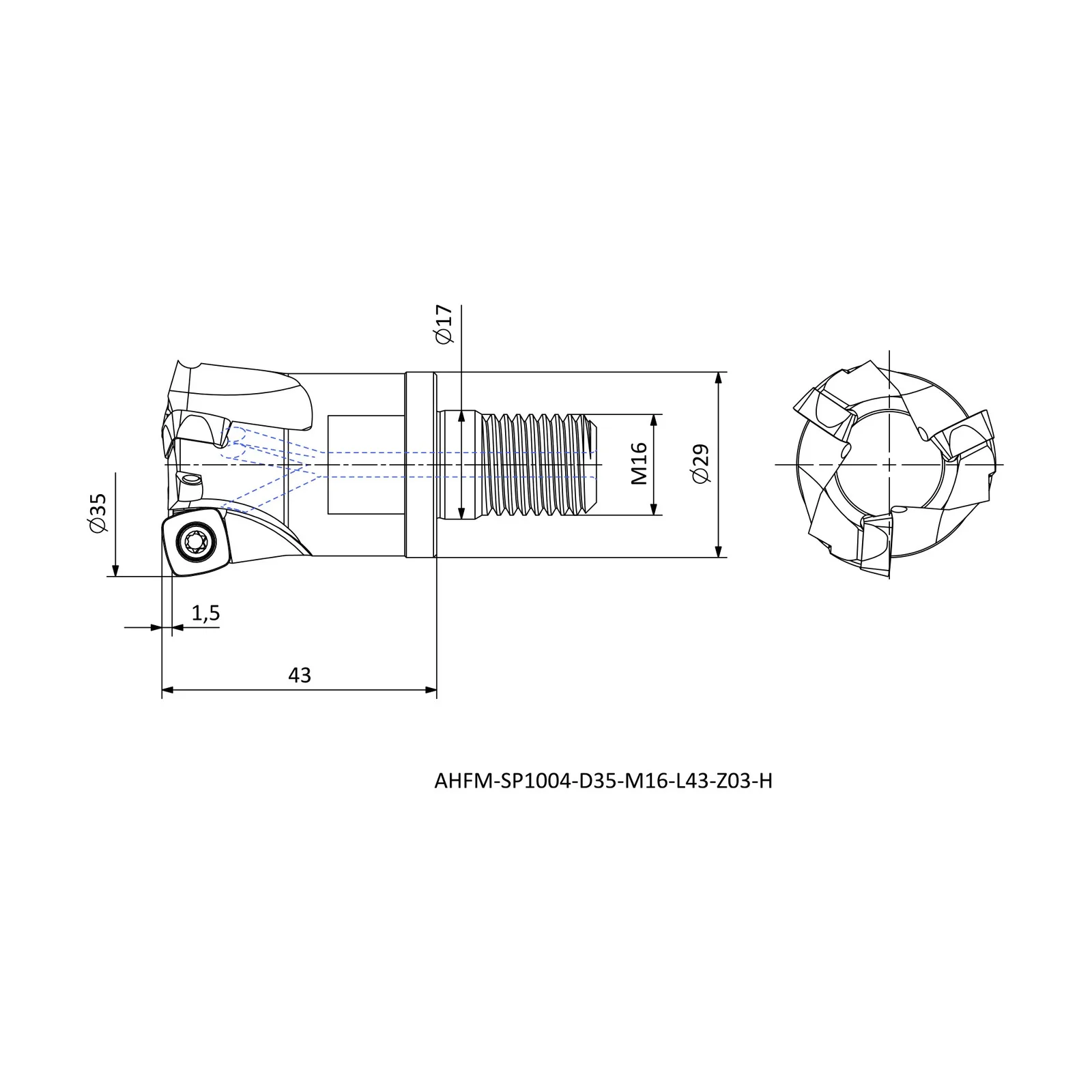 AHFM-SP1004-D35-M16-L43-Z03-H &mdash; dimensioned drawing