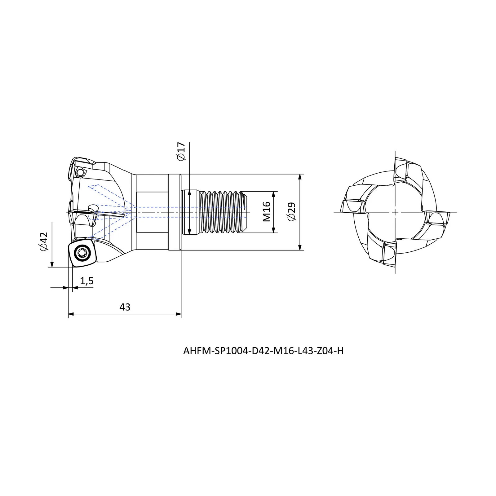 AHFM-SP1004-D42-M16-L43-Z04-H &mdash; dimensioned drawing